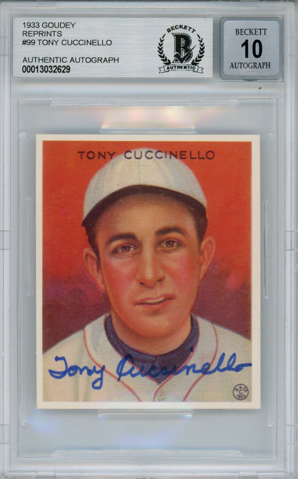 Tony Cuccinello Autographed 1933 Goudey Reprint #99 Card Beckett 10 Slab