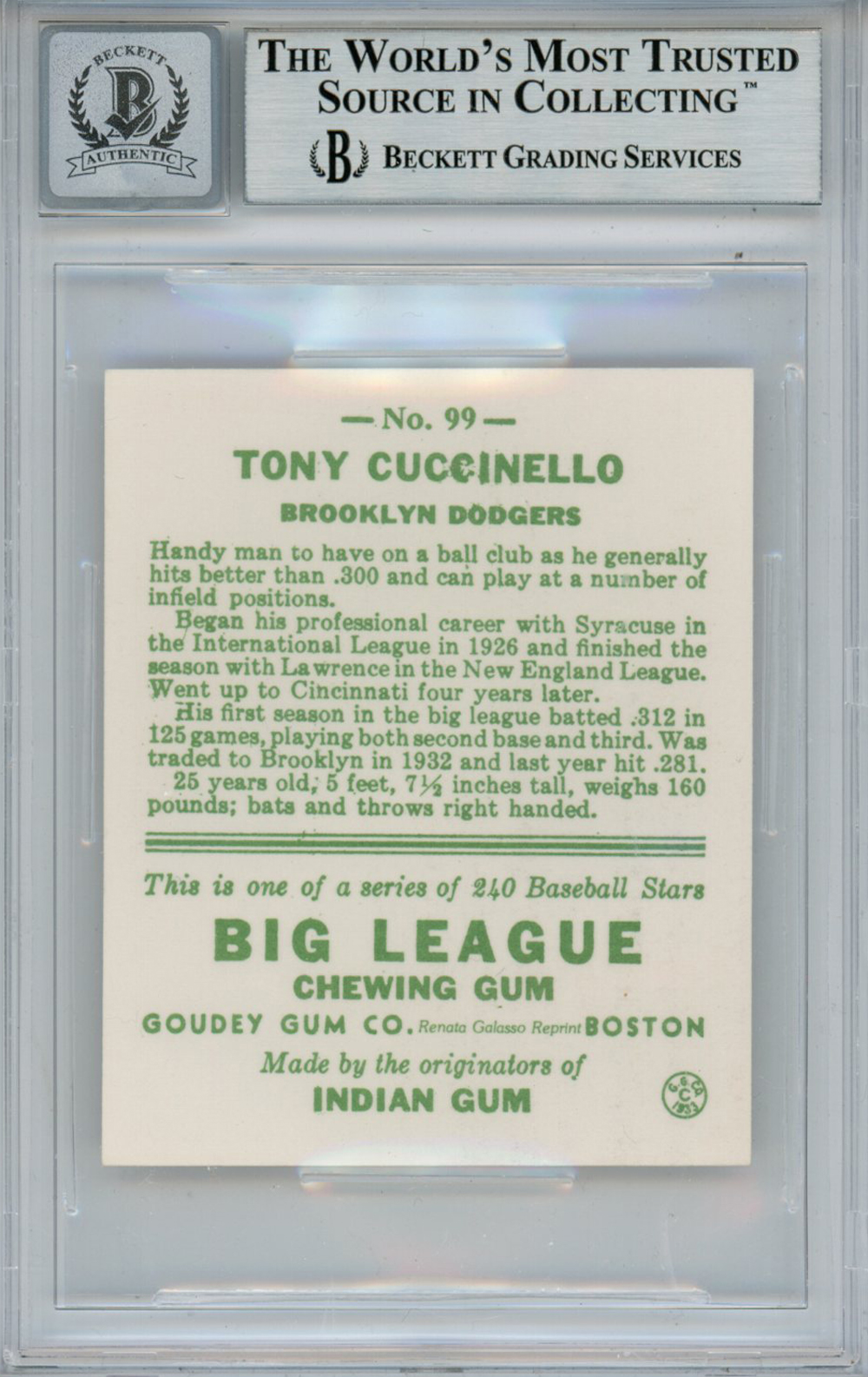 Tony Cuccinello Autographed 1933 Goudey Reprint #99 Card Beckett 10 Slab