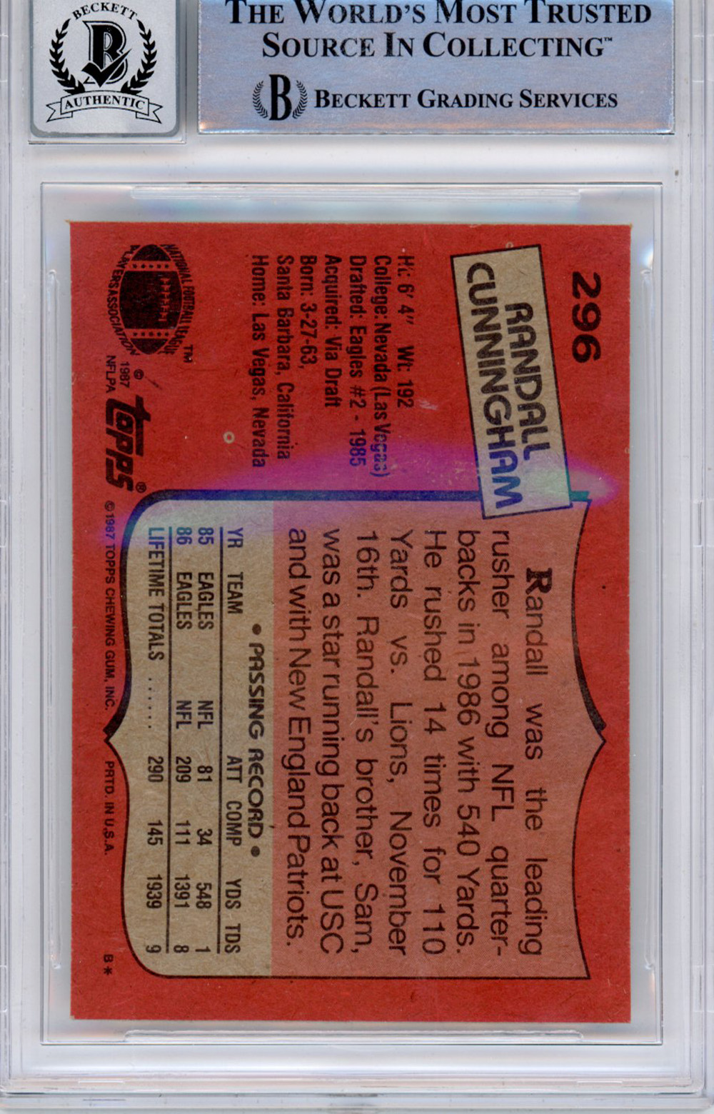 Randall Cunningham Signed 1987 Topps #296 Trading Card Beckett Slab