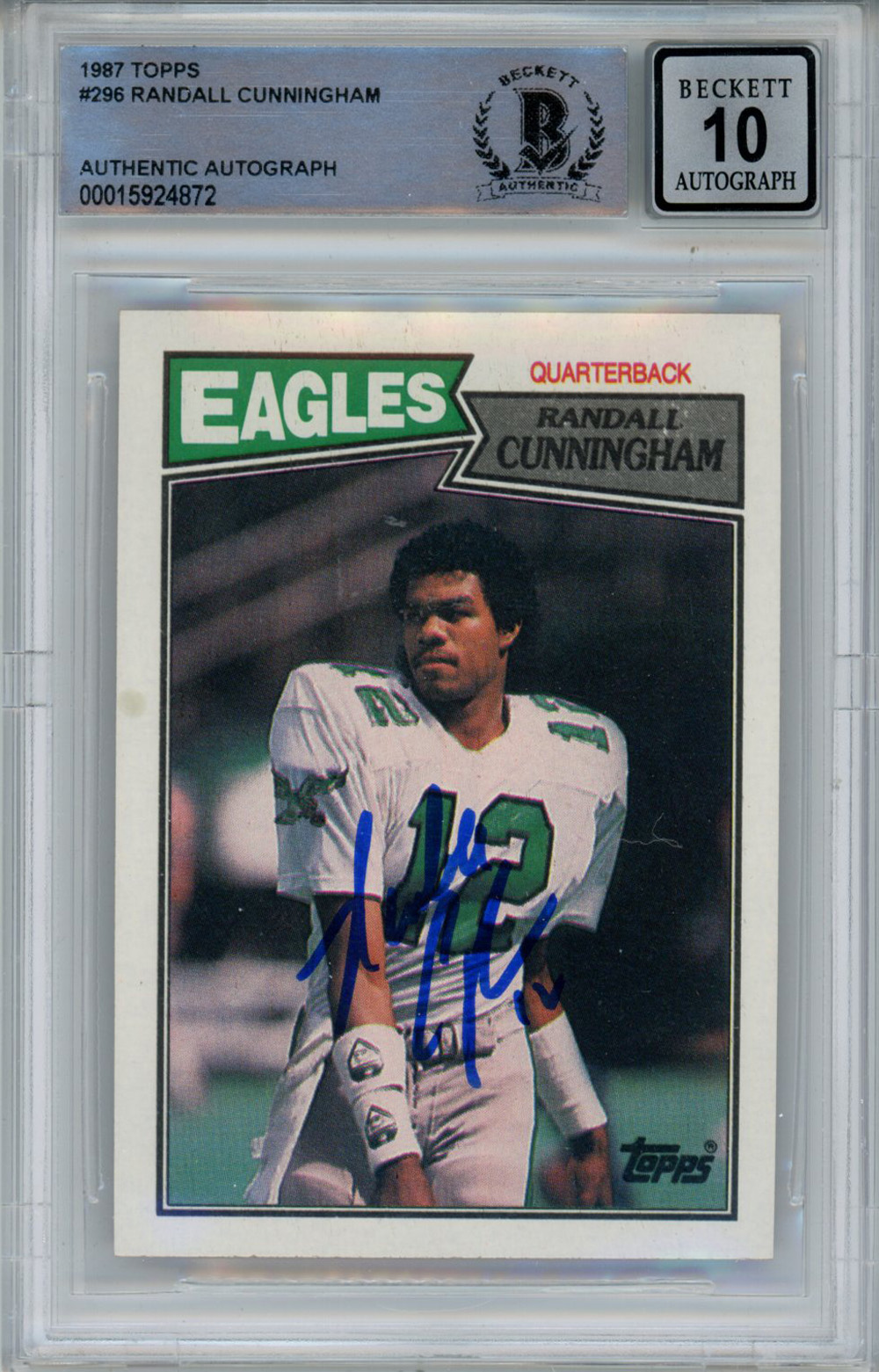 Randall Cunningham Signed 1987 Topps #296 Rookie Card Beckett 10 Slab