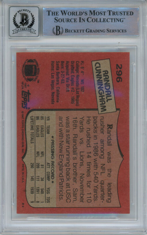 Randall Cunningham Signed 1987 Topps #296 Rookie Card Beckett 10 Slab