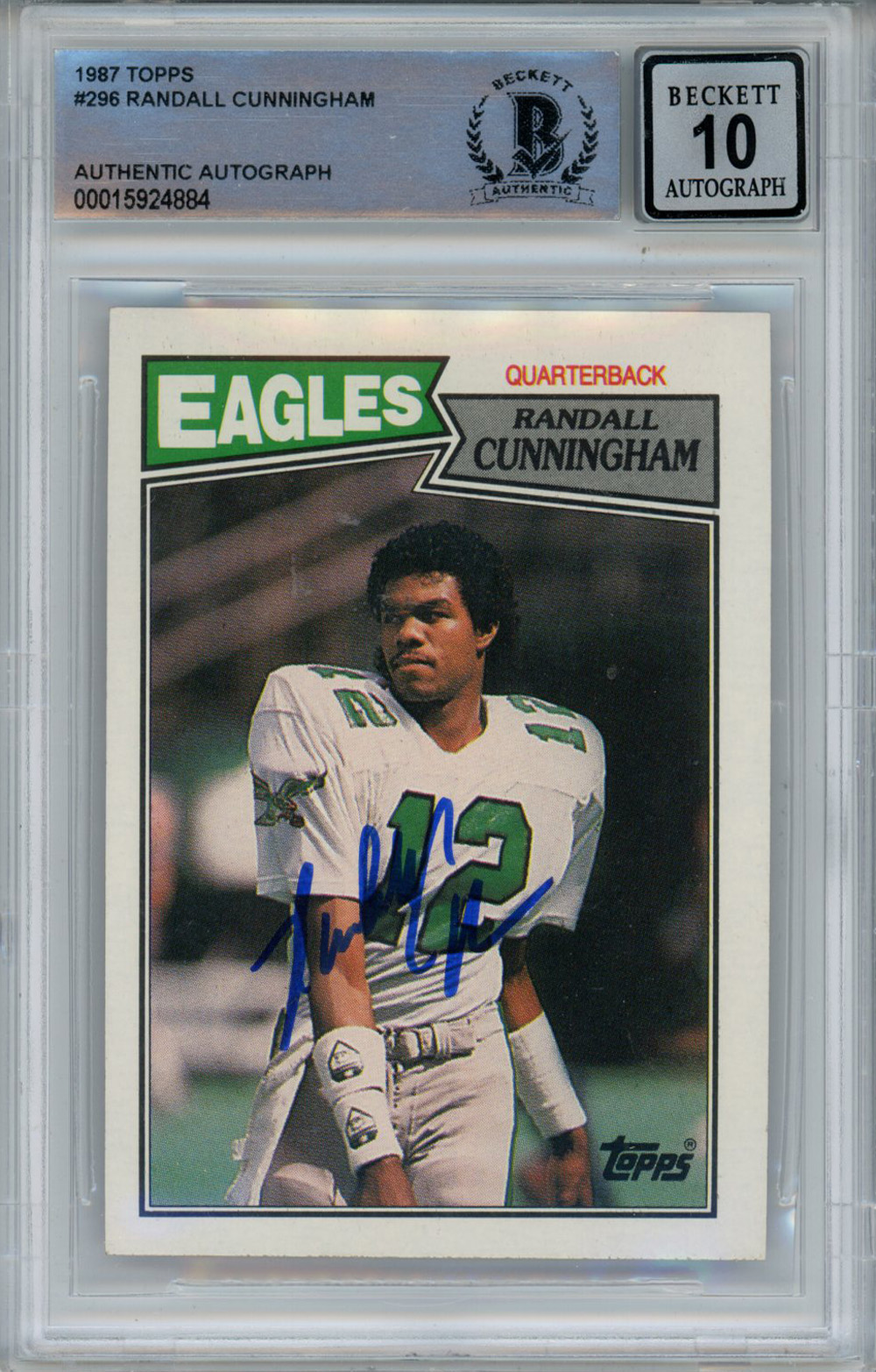 Randall Cunningham Signed 1987 Topps #296 Rookie Card Beckett 10 Slab