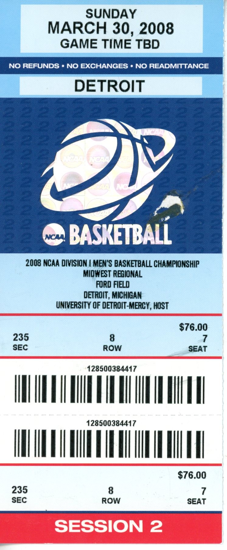 2008 Elite 8 March Madness Davidson Wildcats Ticket Curry Sets 3PT Record 55559