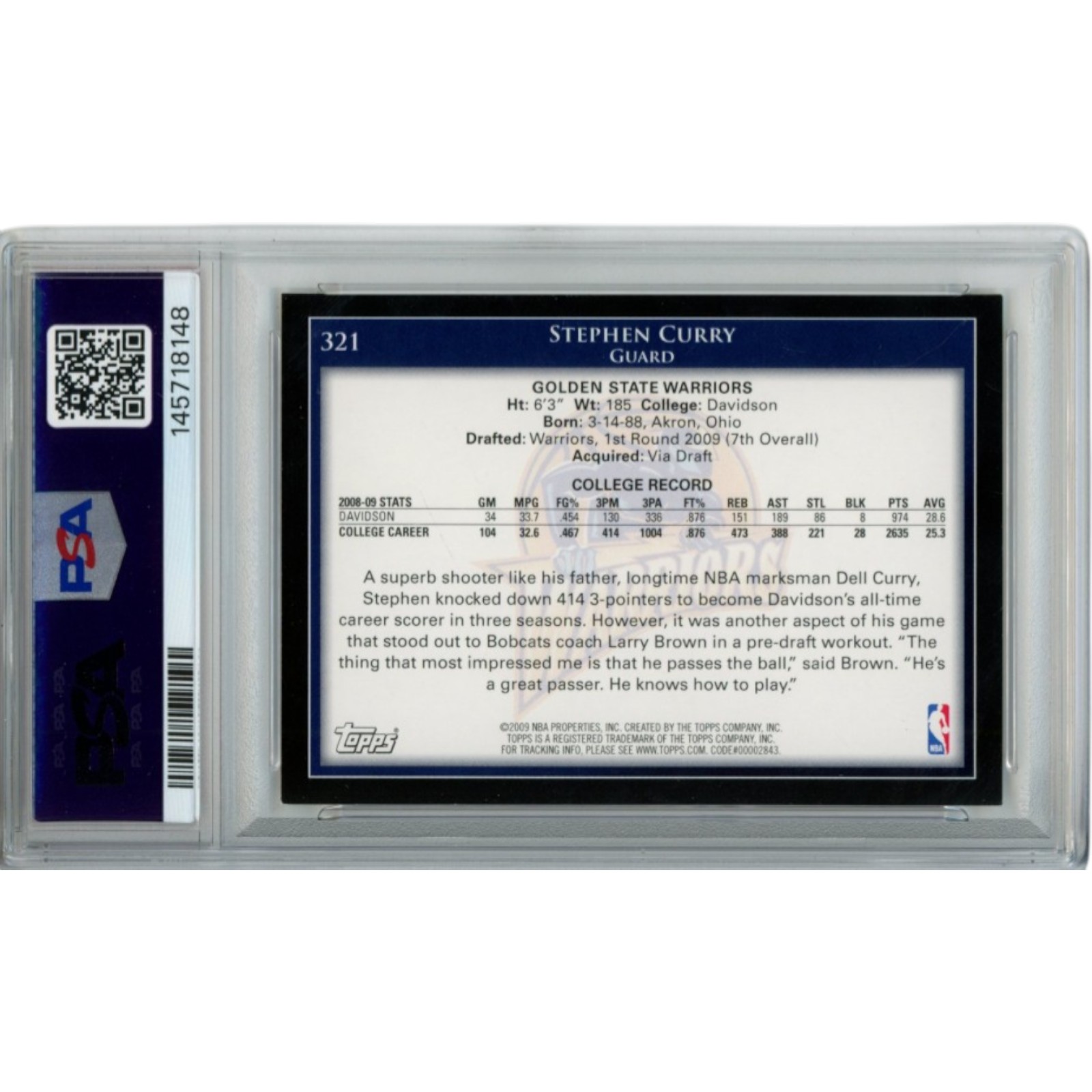 Steph Curry Signed Golden State Warriors 2009 Topps #321 8/10 Card PSA 55172