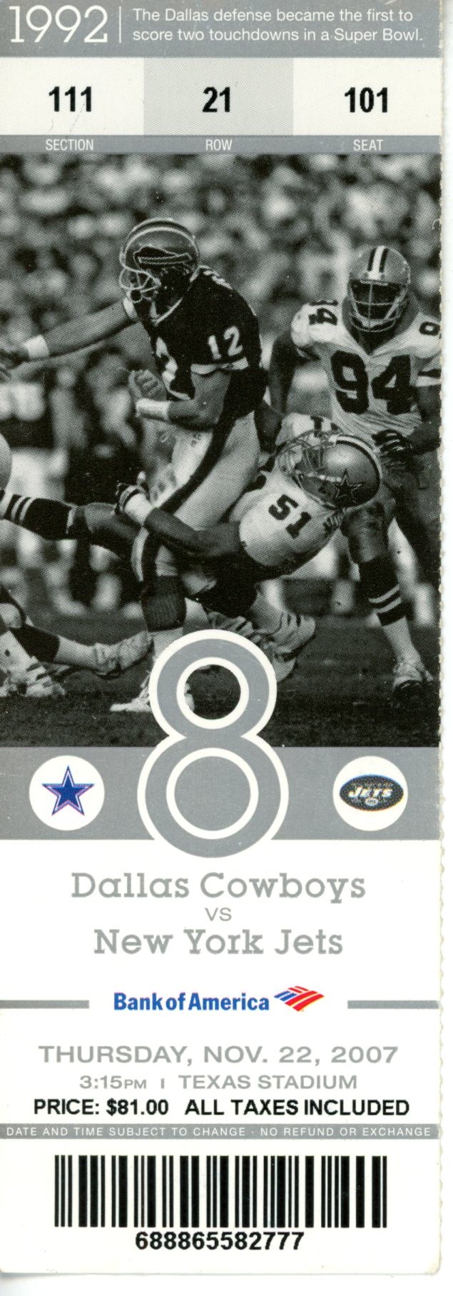 Dallas Cowboys Ticket Stub 11/22/2007 vs Jets Texas Stadium Thanksgiving 55546