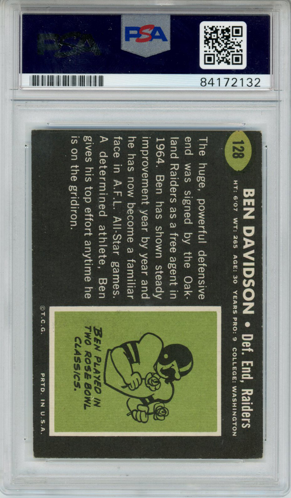 Ben Davidson Autographed 1969 Topps #128 Trading Card PSA Slab