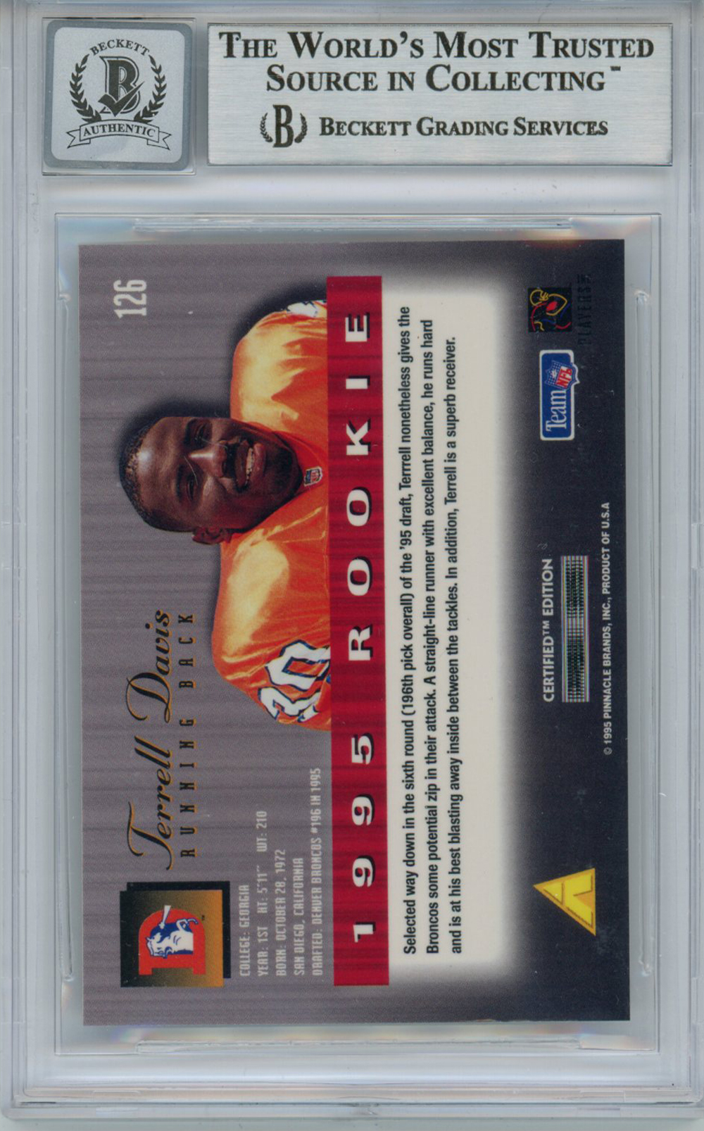 Terrell Davis Signed 1995 Select Certified #126 Rookie Card BAS 10 Slab