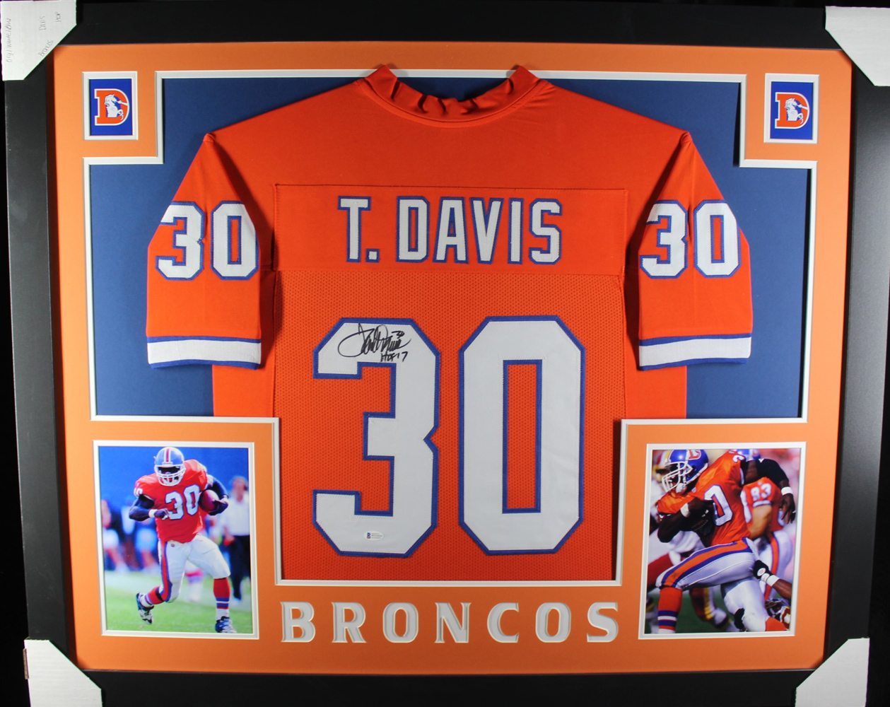 Terrell Davis Autographed/Signed Pro Style Framed Orange XL Jersey Beckett