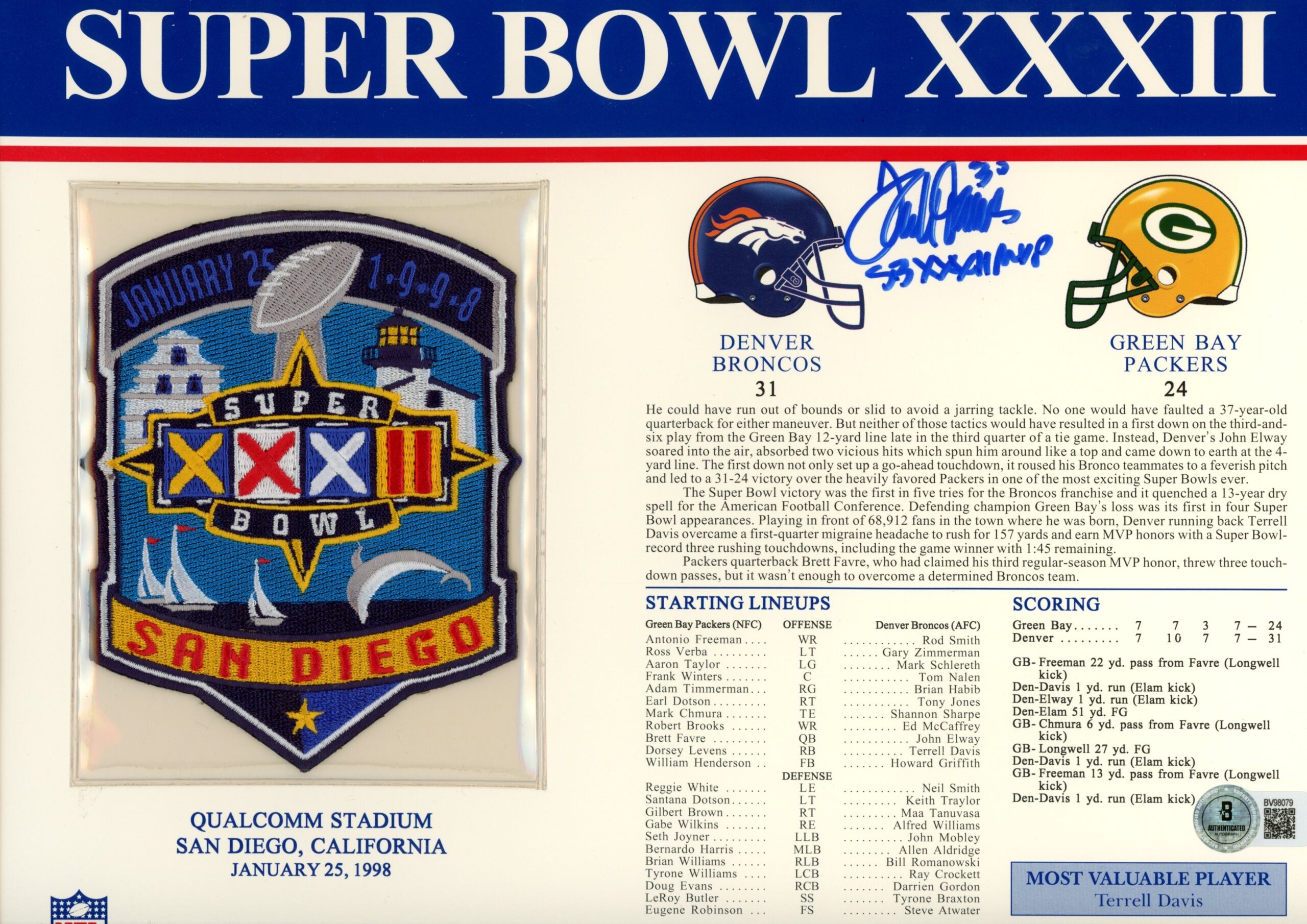 Terrell Davis Autographed Denver Broncos SB XXXII Patch Stat Card Beckett 54955