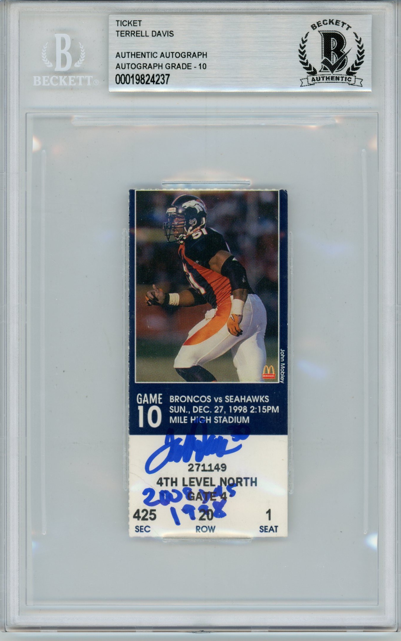 Terrell Davis Signed Denver Broncos 12/27/1998 2008 yards Ticket Beckett 57040