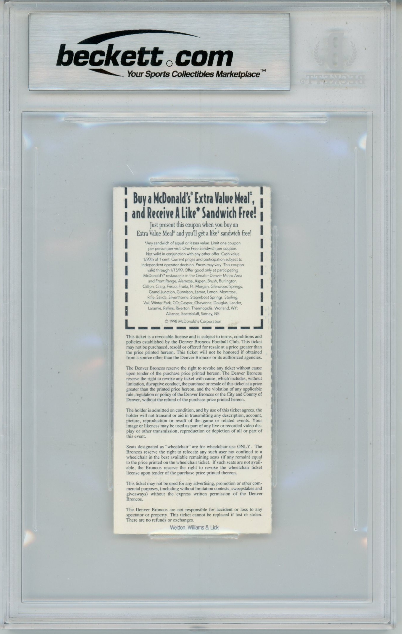 Terrell Davis Signed Denver Broncos 12/27/1998 2008 yards Ticket Beckett 57040