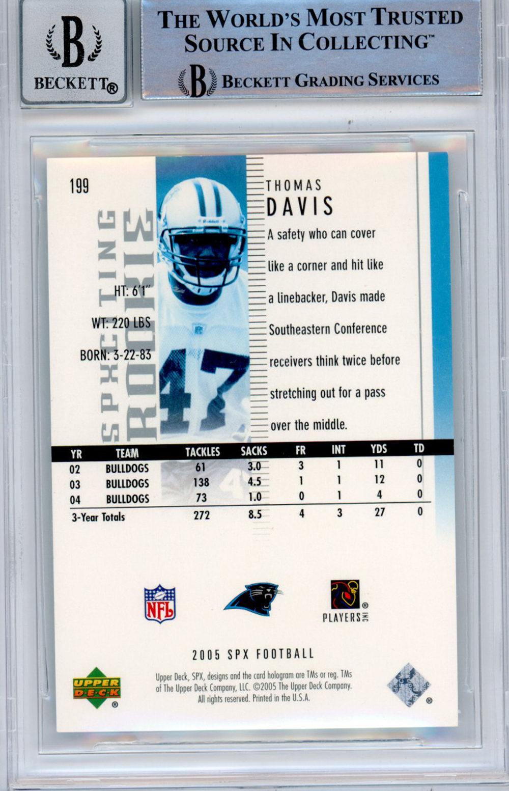 Thomas Davis Signed 2005 SPx #199A (Grade 10) BAS Slabbed