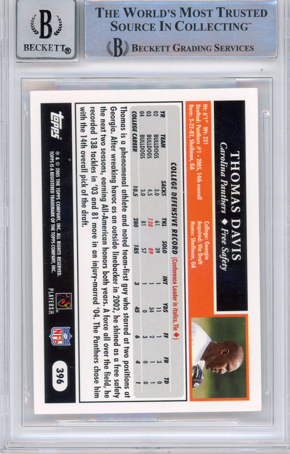 Thomas Davis Signed 2005 Topps #396 (Grade 10) BAS Slabbed 39933