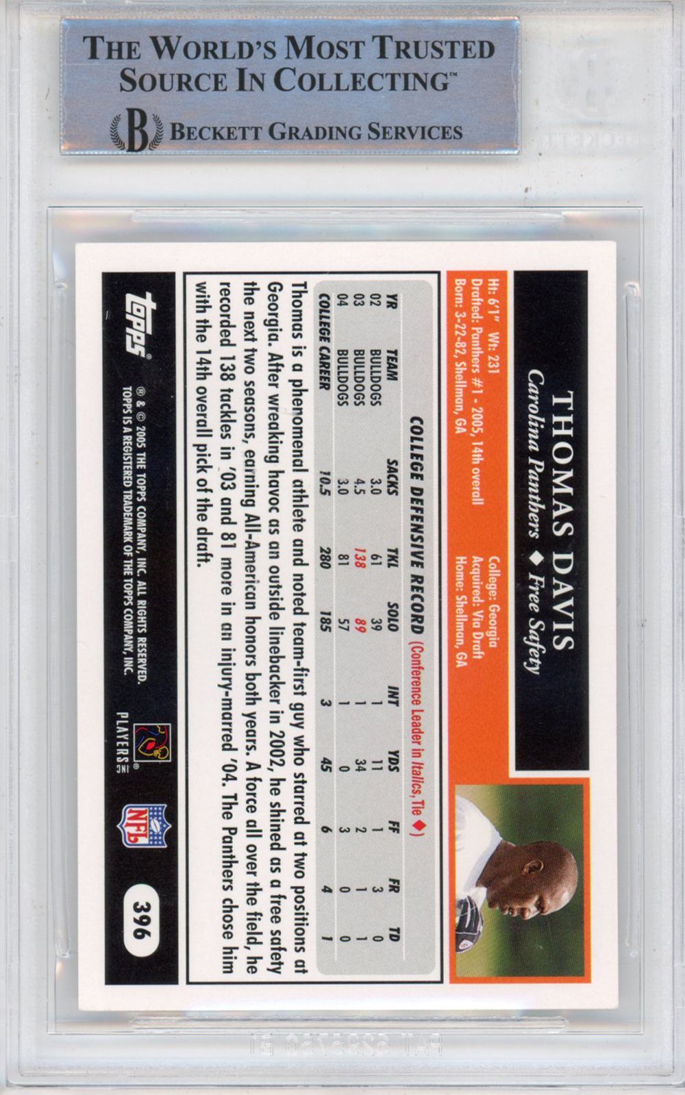 Thomas Davis Autographed 2005 Topps #396 BAS Slabbed