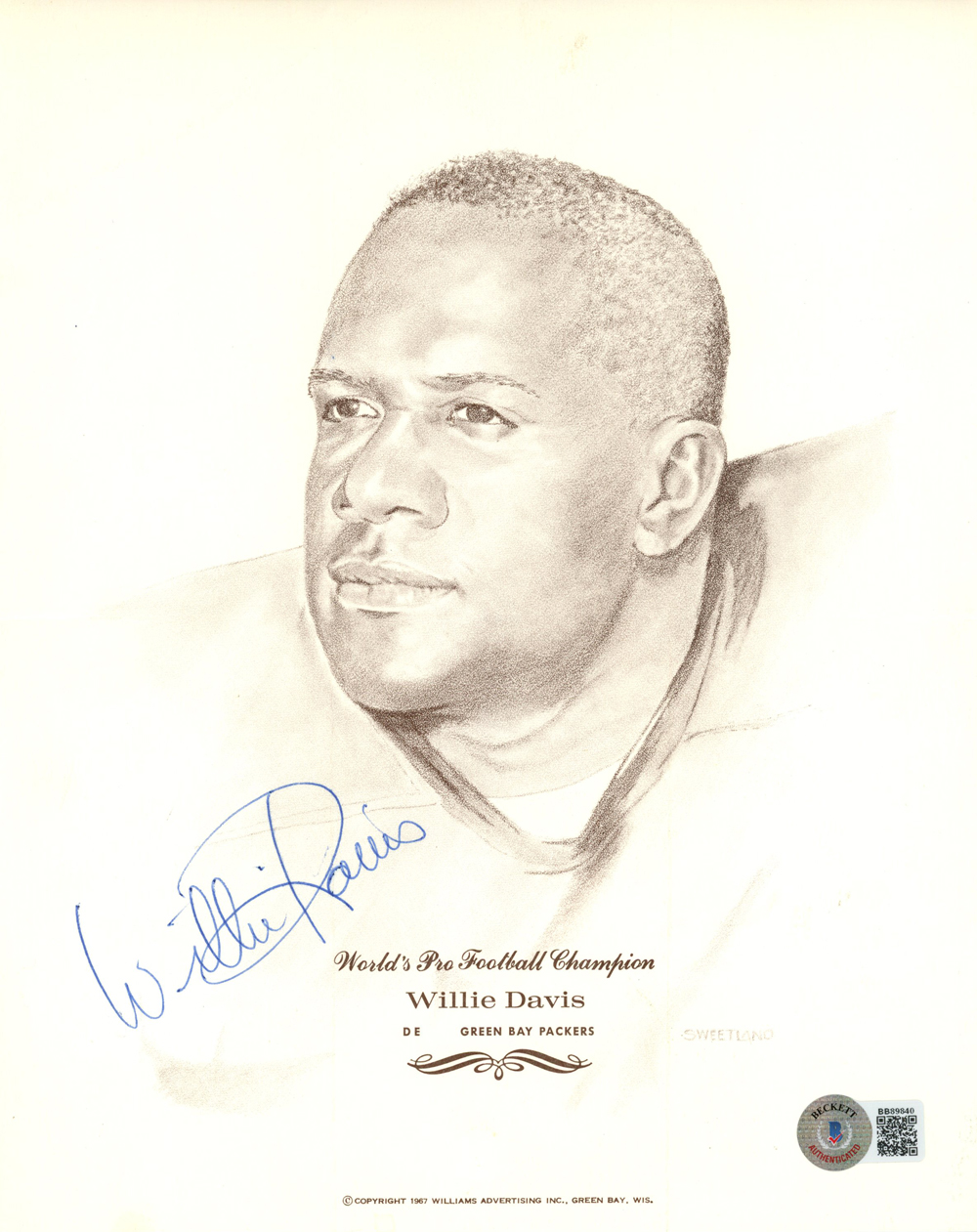 Willie Davis Signed Green Bay Packers William Advertising 8x10 Photo BAS