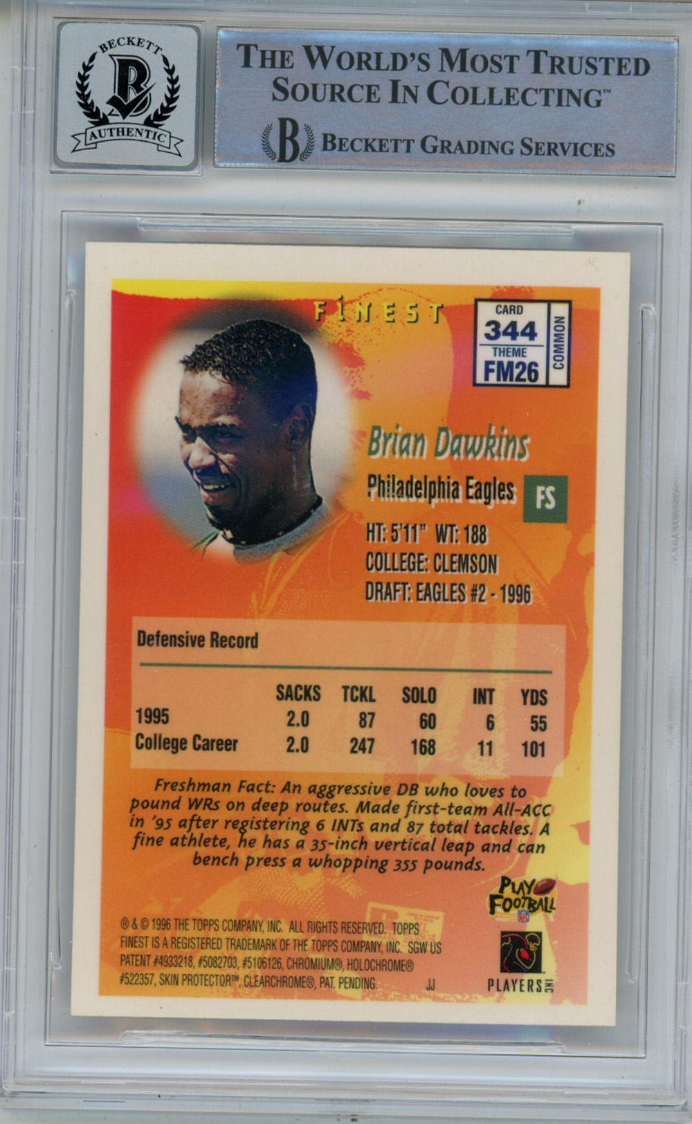 Brian Dawkins Signed 1996 Topps Finest #344 Rookie Card Beckett Slab