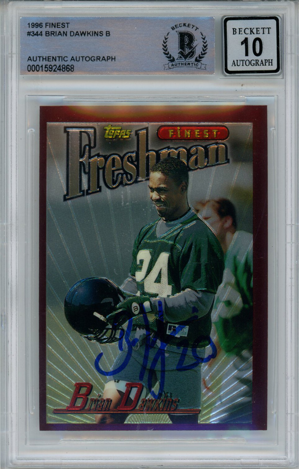 Brian Dawkins Signed 1996 Topps Finest #344 Rookie Card Beckett Slab