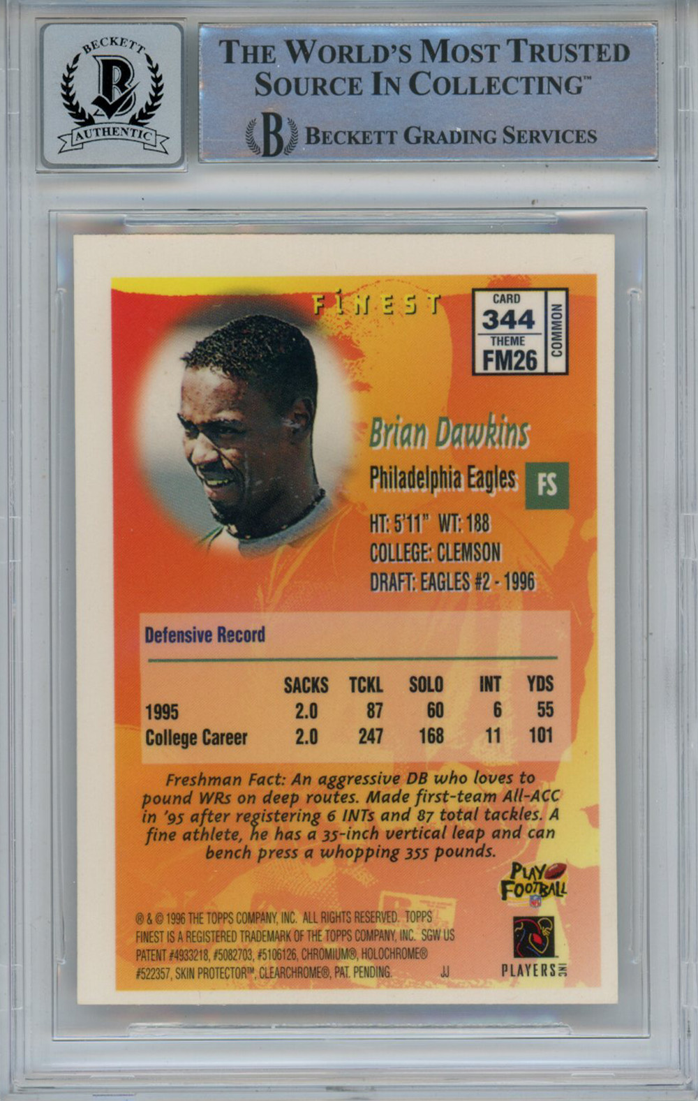 Brian Dawkins Signed 1996 Topps Finest #344 Rookie Card Beckett Slab