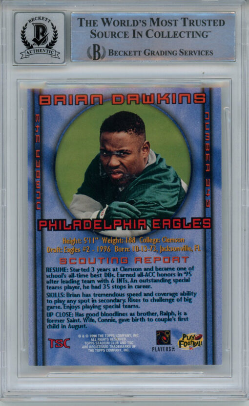 Brian Dawkins Signed 1996 Stadium Club #343 Rookie Card Beckett Slab