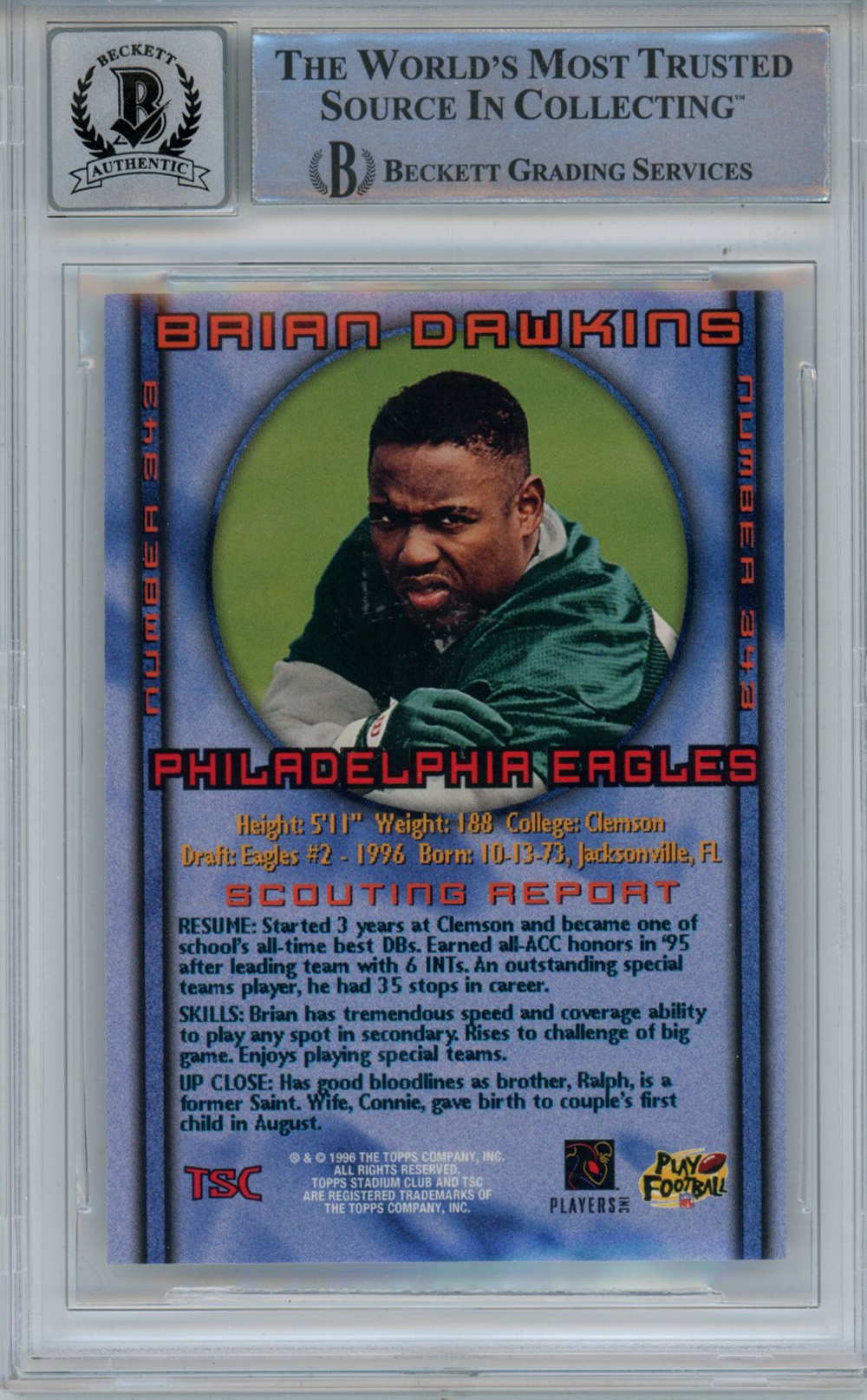 Brian Dawkins Signed 1996 Stadium Club #343 Rookie Card Beckett Slab