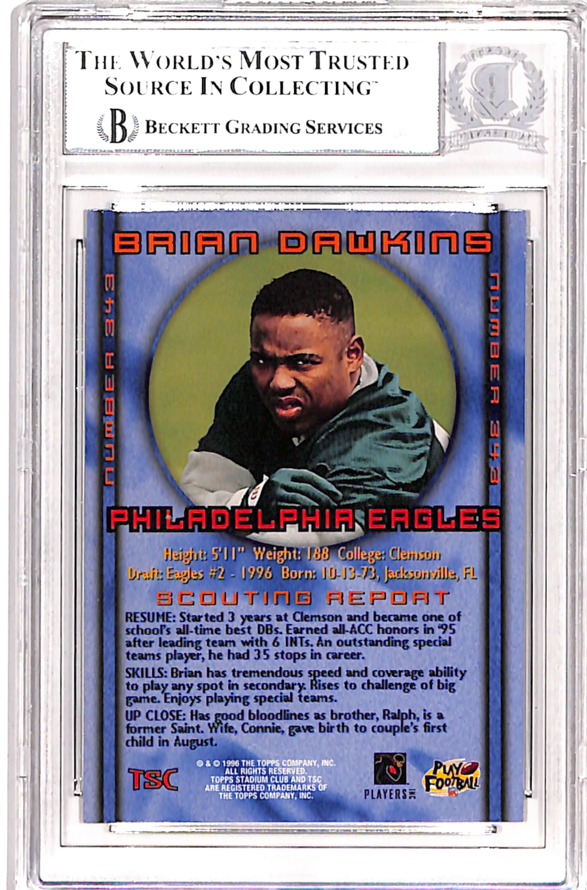 Brian Dawkins Signed 1996 Stadium Club #343 Trading Card Beckett