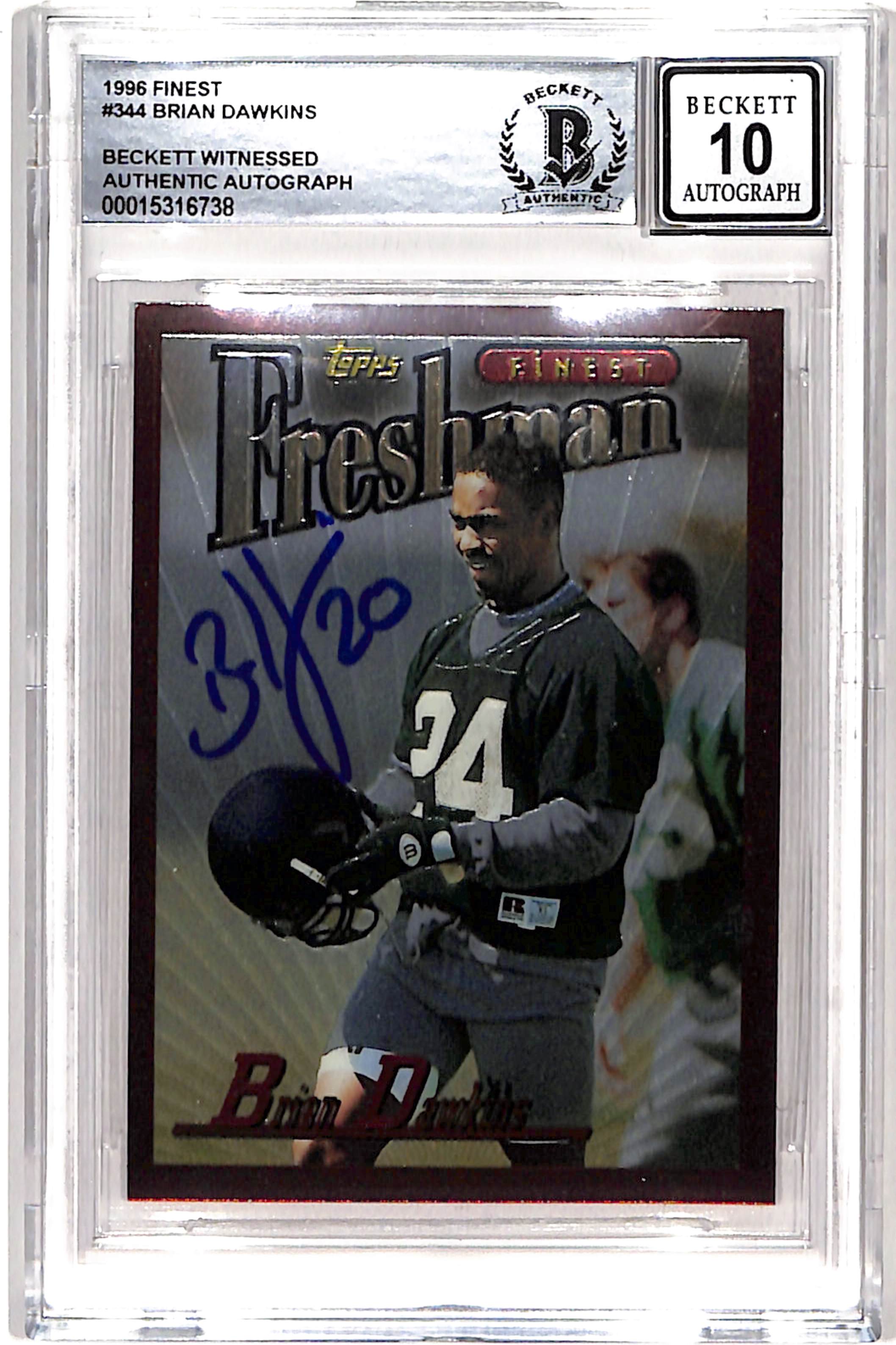 Brian Dawkins Signed 1996 Topps Finest #344 10 Auto Beckett 