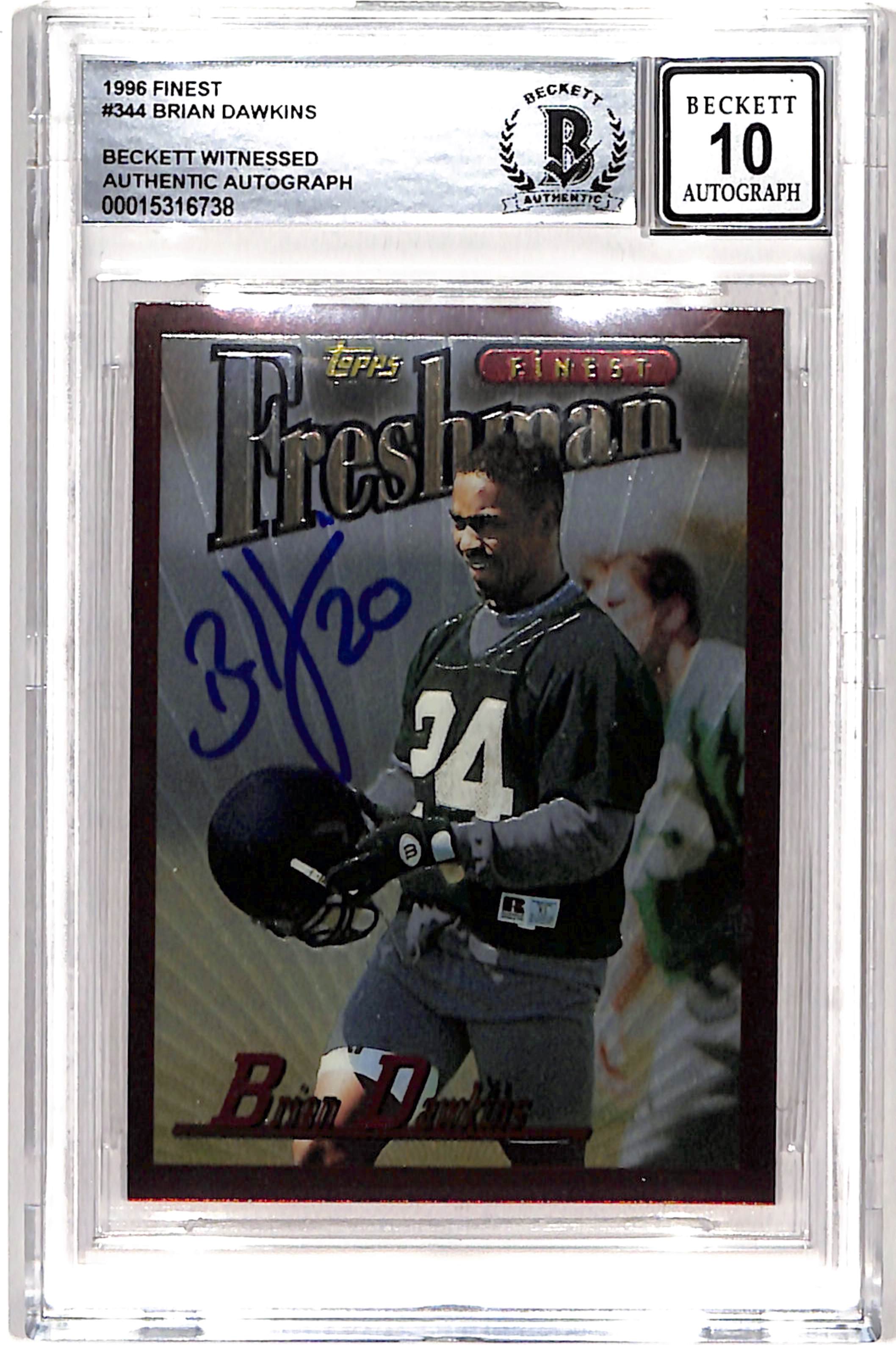 Brian Dawkins Signed 1996 Topps Finest #344 10 Auto Beckett