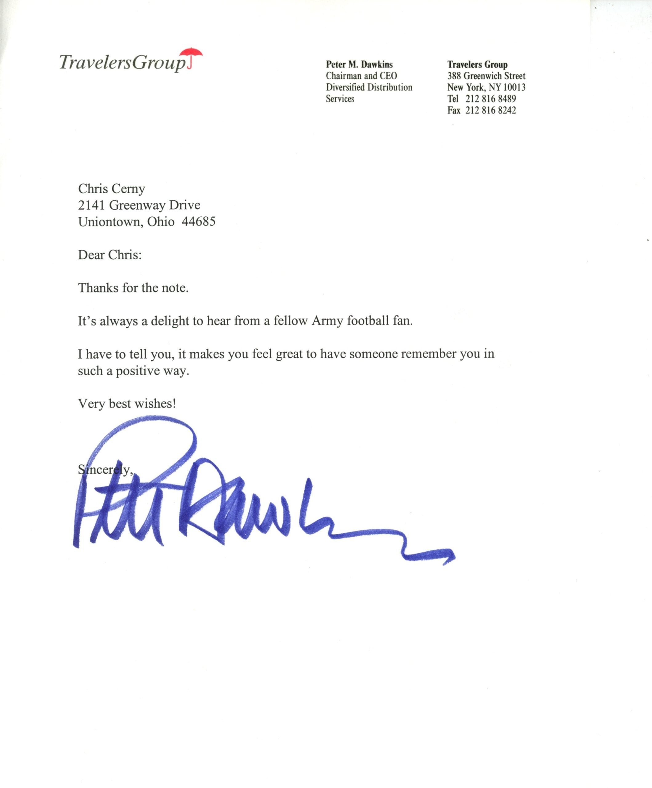Pete Dawkins Autographed Army Knights Travelers Group Personalized Letter 57863