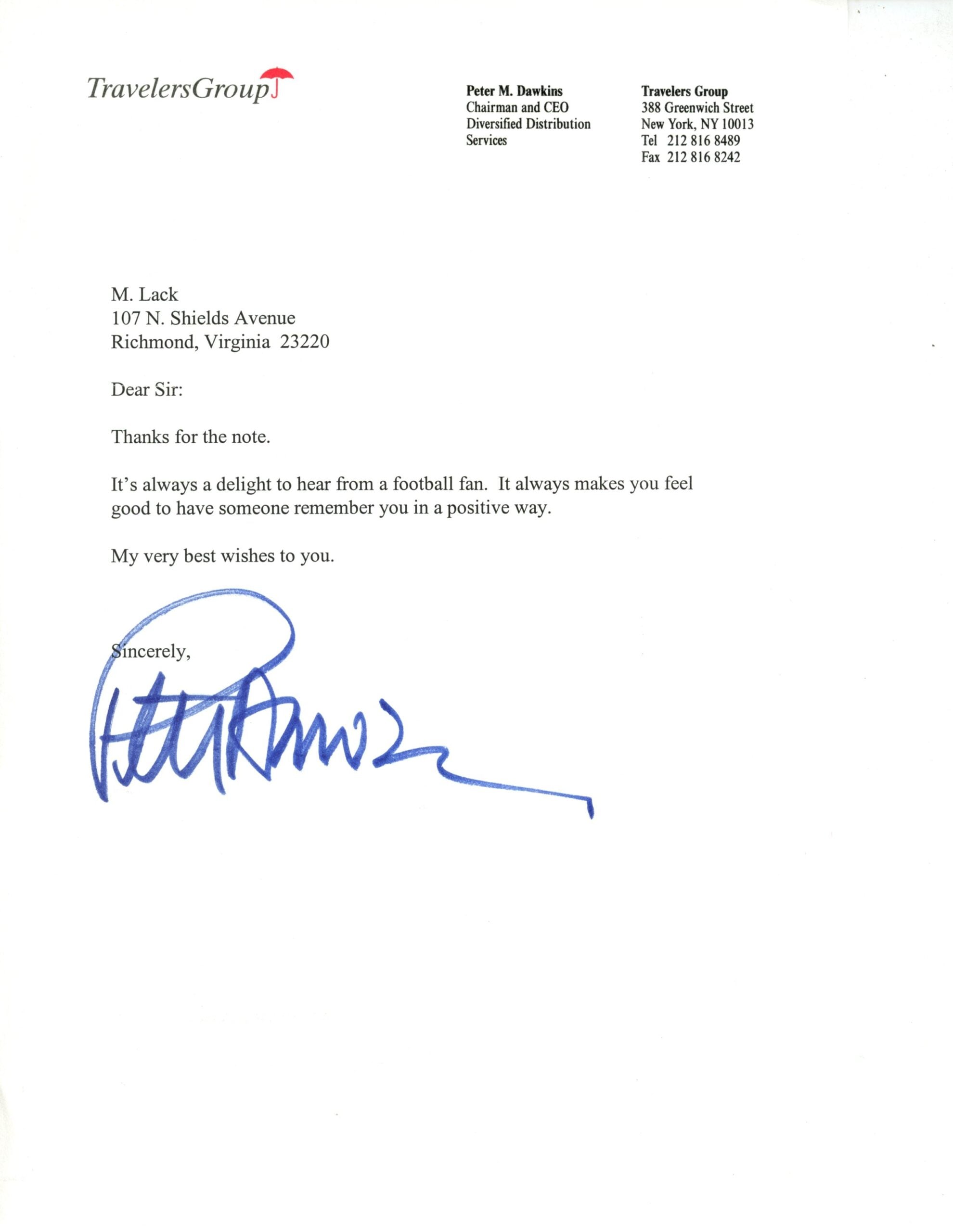 Pete Dawkins Autographed Army Knights Travelers Group Personalized Letter 57864