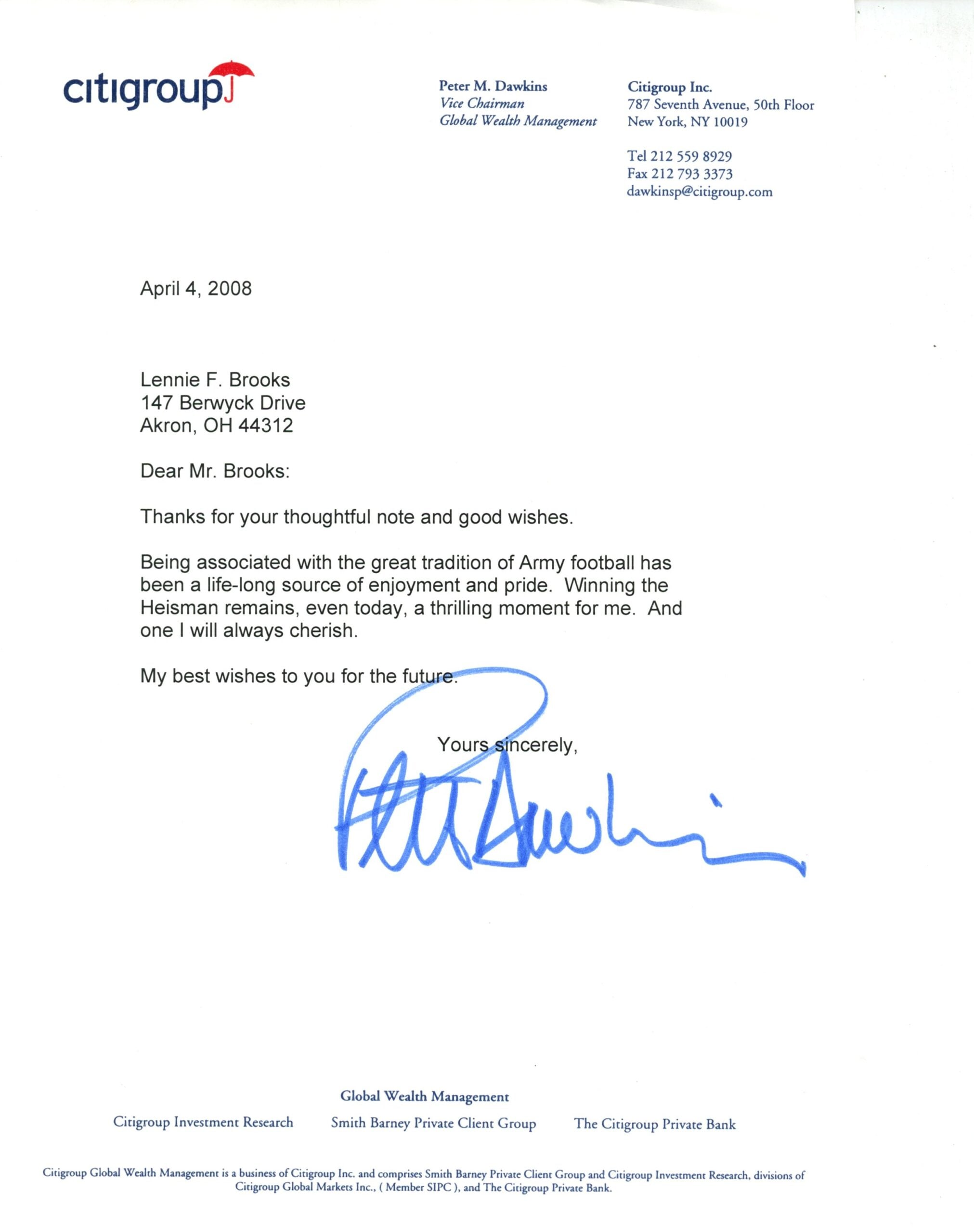 Pete Dawkins Autographed Army Knights Travelers Group Personalized Letter 57865