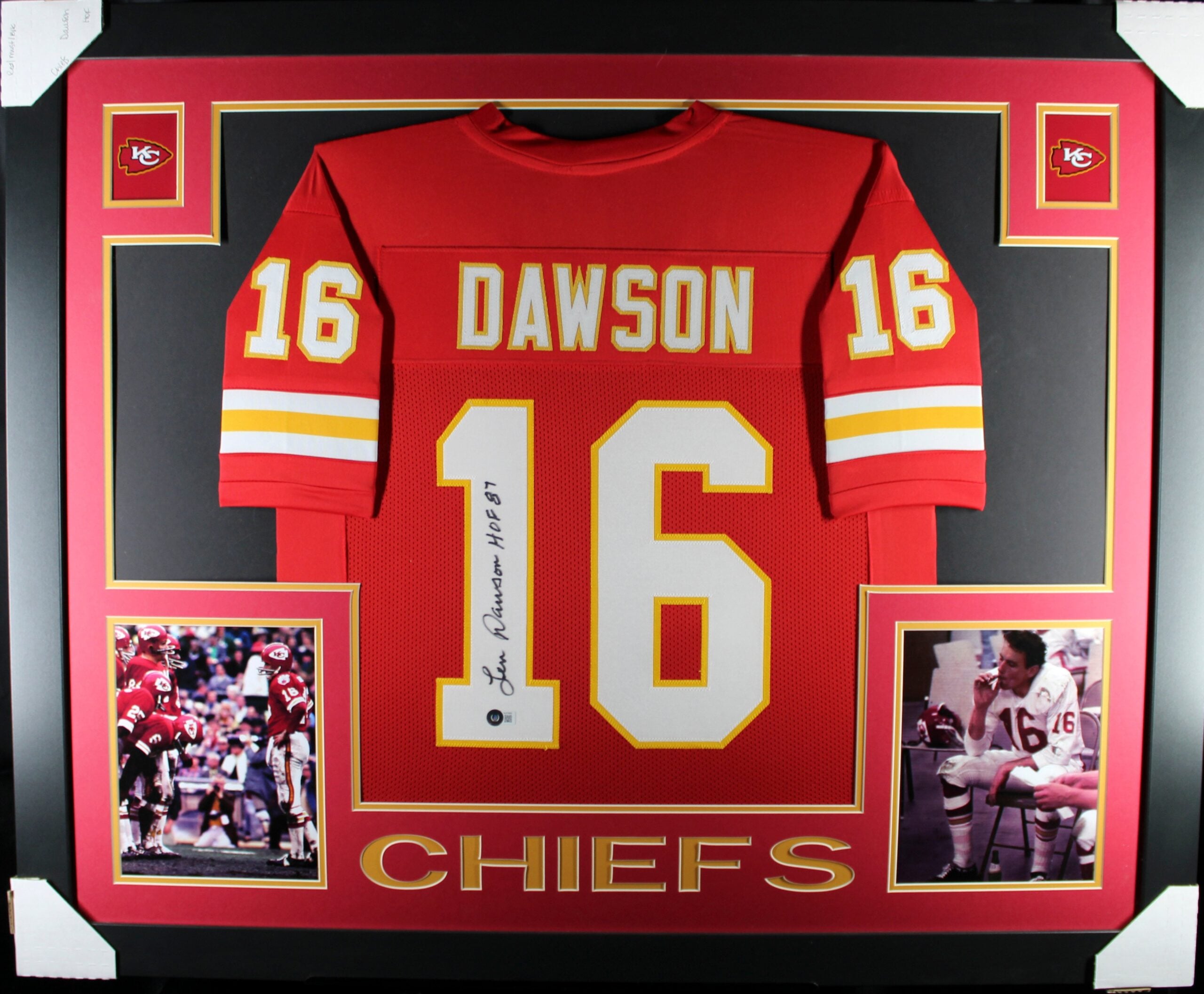 Len Dawson Signed Kansas City Chiefs Framed Jersey Red #1 HOF Beckett W 58641 1 Len Dawson Signed Kansas City Chiefs Framed Jersey Red #1 HOF Beckett W 58641