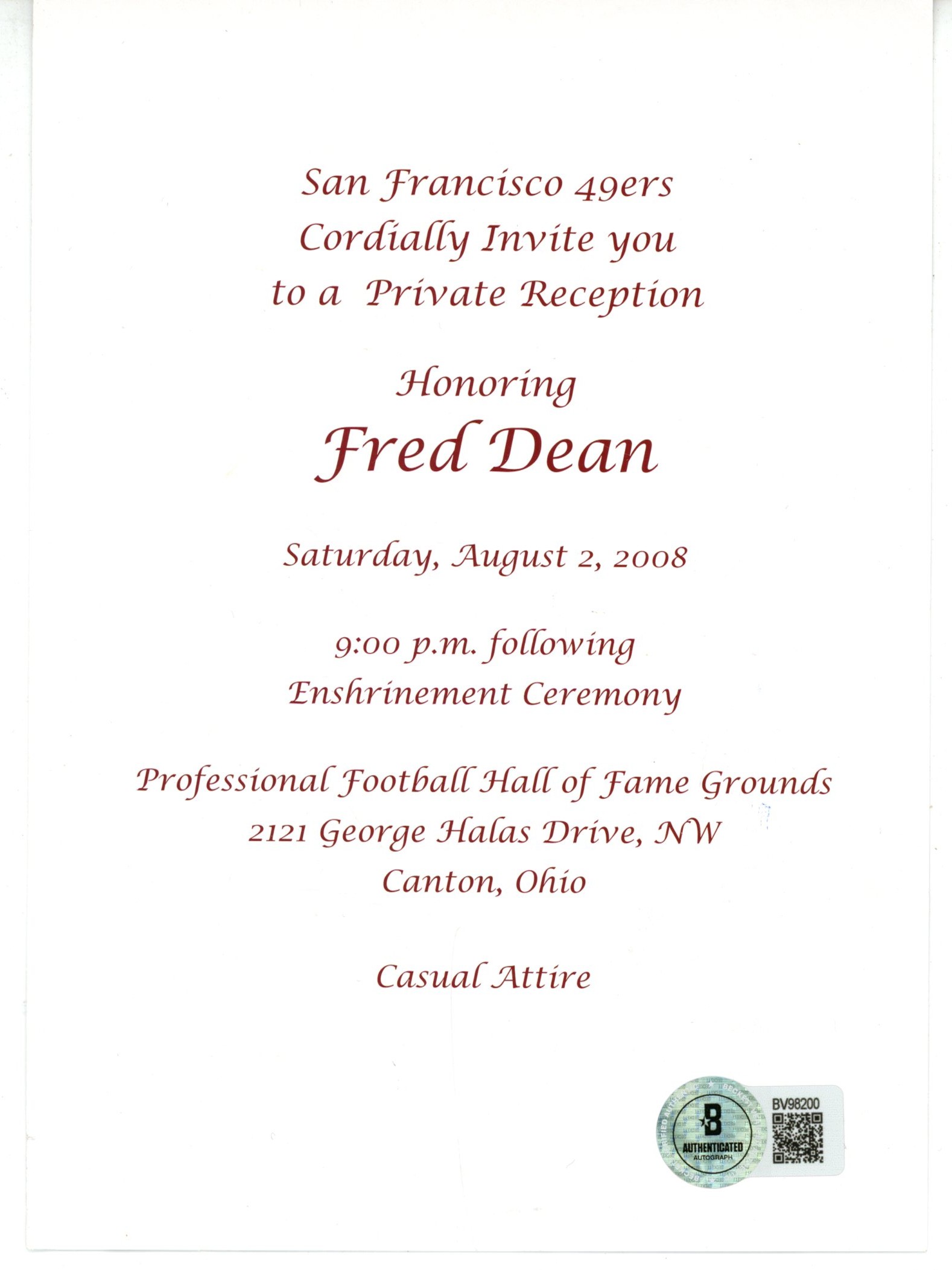 Fred Dean Signed San Francisco 49ers 5x7" Enshrinement Invitation Beckett 56083