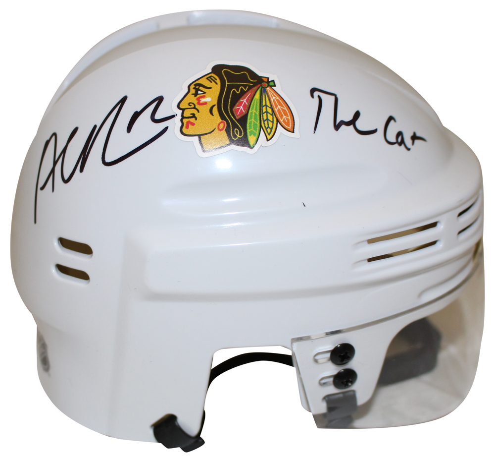 Alex DeBrincat Signed Chicago Blackhawks White Mini Helmet The Cat BAS