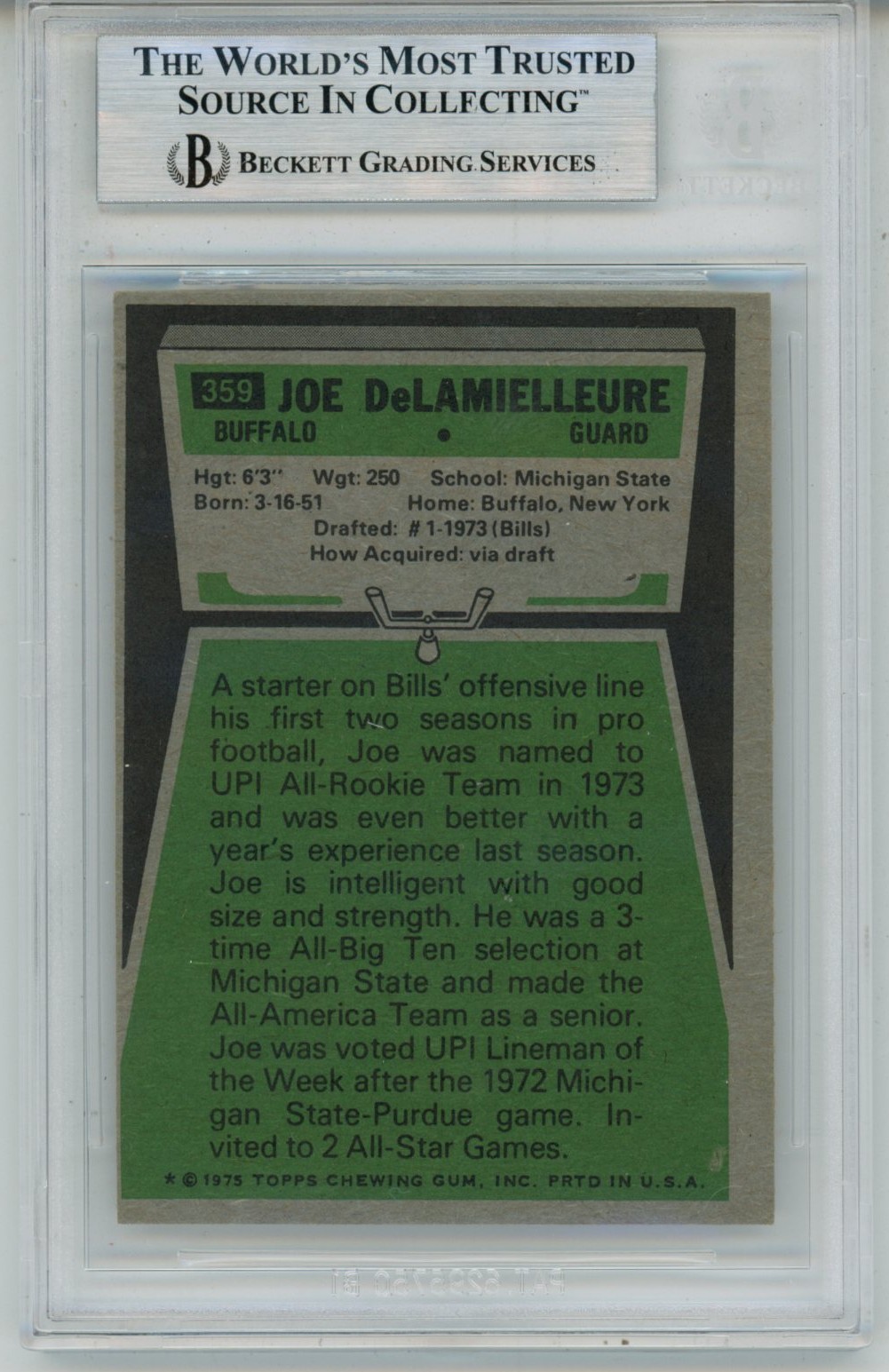 Joe Delamielleure Autographed 1975 Topps #359 HOF Card Slab Beckett 57058 2 Joe Delamielleure Autographed 1975 Topps #359 HOF Card Slab Beckett 57058