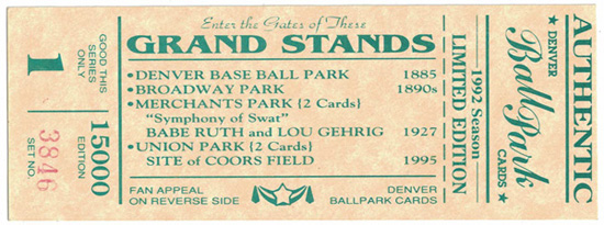 1992 Denver Ballpark 6 Card Set With Stickers And Grand Stand Ticket