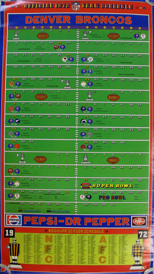 Denver Broncos 1972 Team Schedule Poster Vintage
