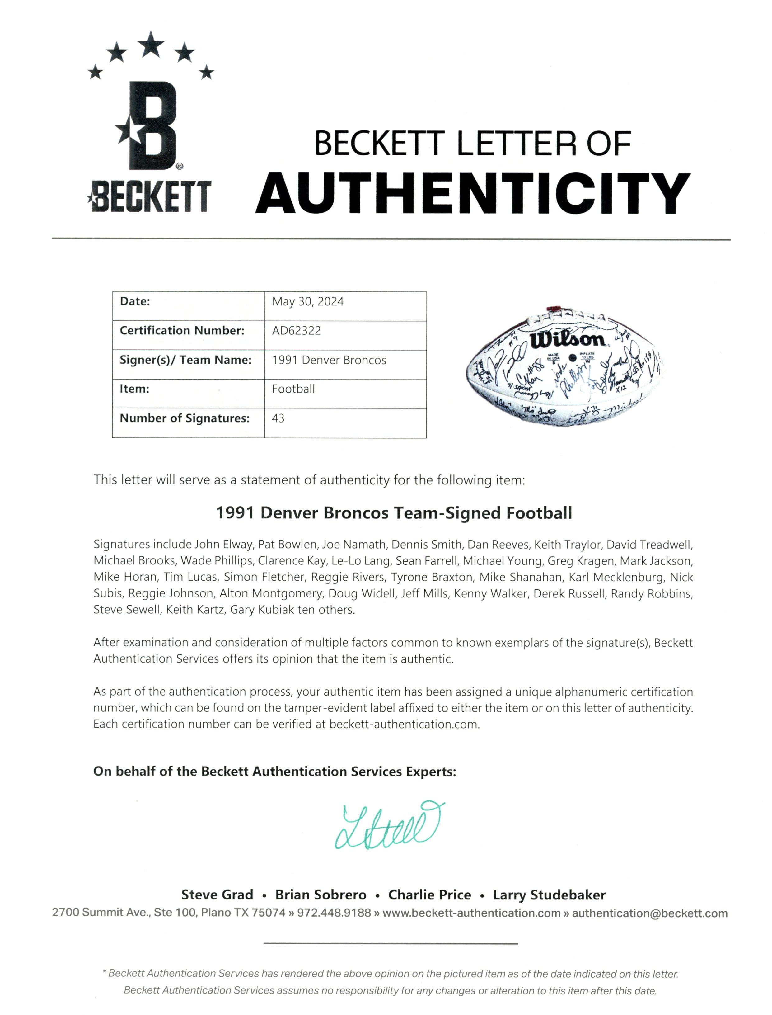 Bowlen Namath Elway Reeves +39 Signed Denver Broncos Football Beckett 55436 12 Bowlen Namath Elway Reeves +39 Signed Denver Broncos Football Beckett 55436