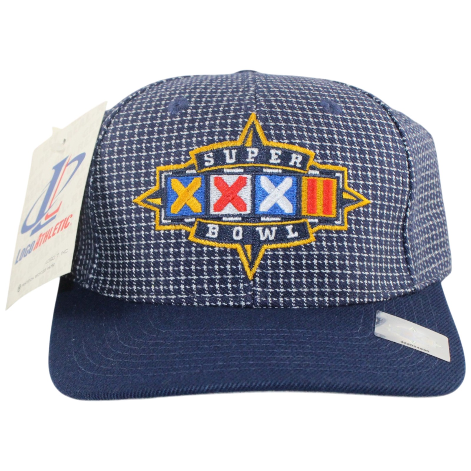 Denver Broncos Super Bowl XXXII Logo Athletic Grid Pattern Adjustable Hat 55720