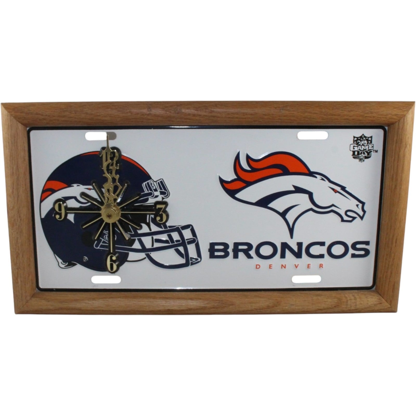 Denver Broncos License Plate Clock Vintage Wood Frame Battery 57842