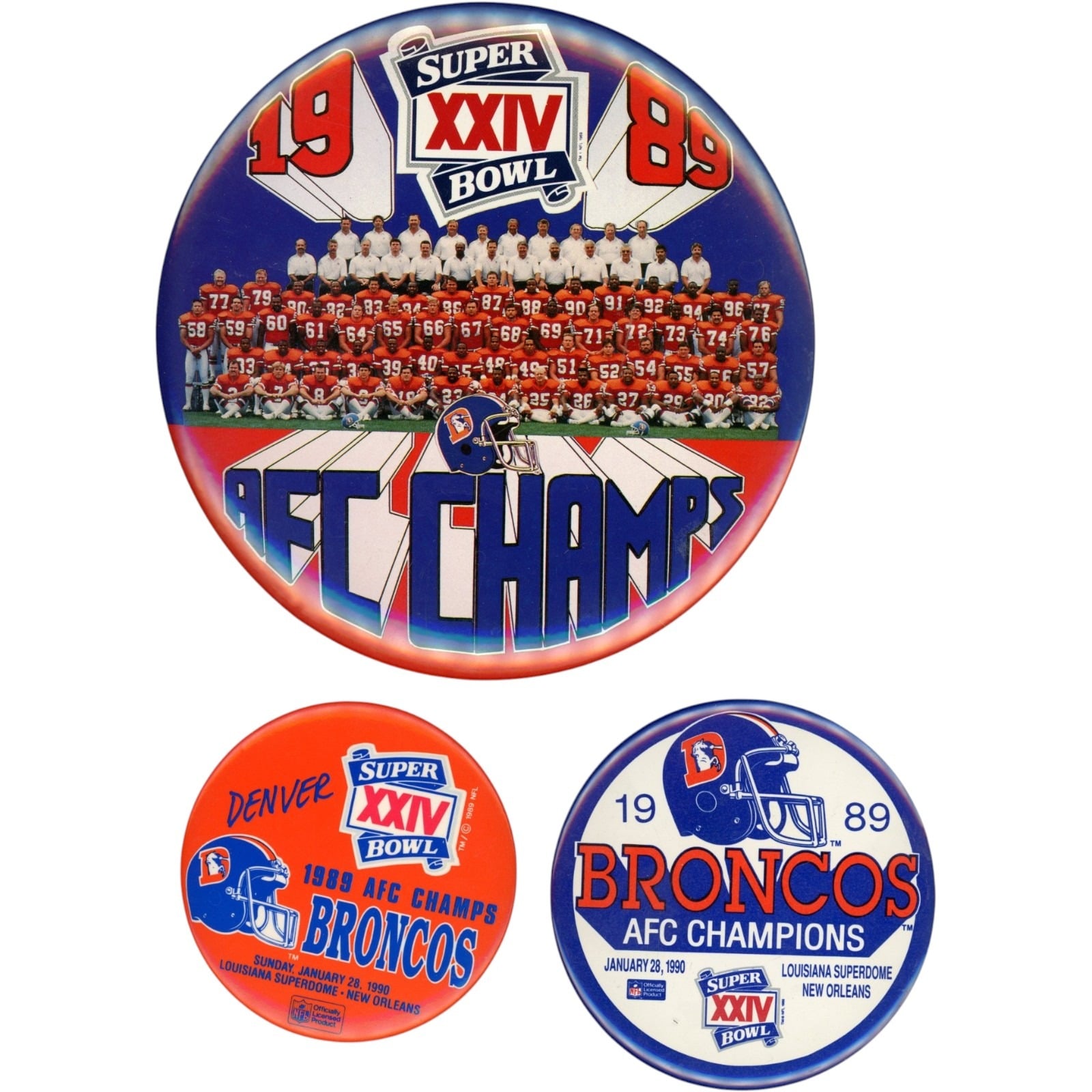 Denver Broncos Super Bowl XXIV 1989 Vintage 3 Button Lot AFC Champs 58001