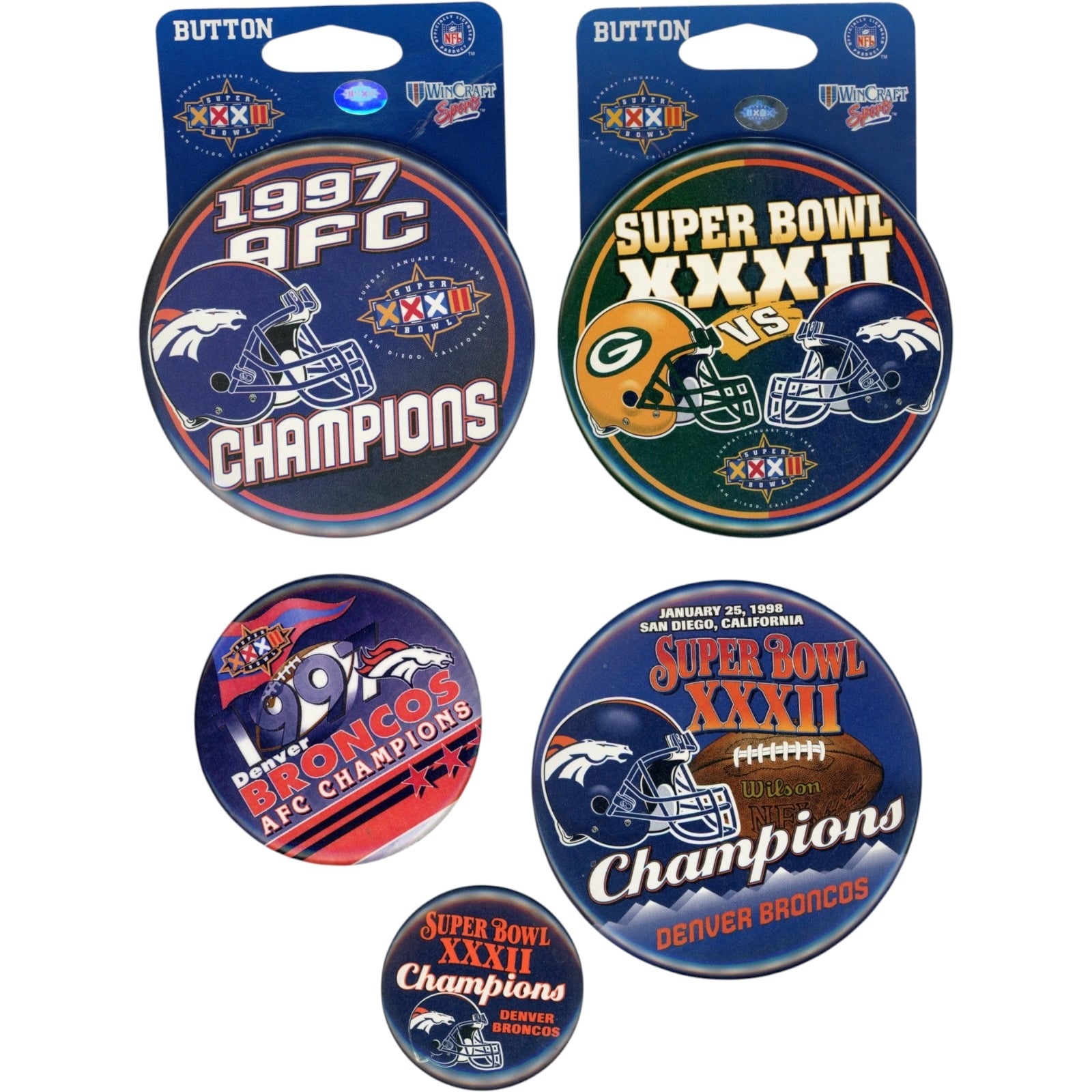 Denver Broncos Super Bowl XXXII 5 Button Lot Vintage Collectibles 58002