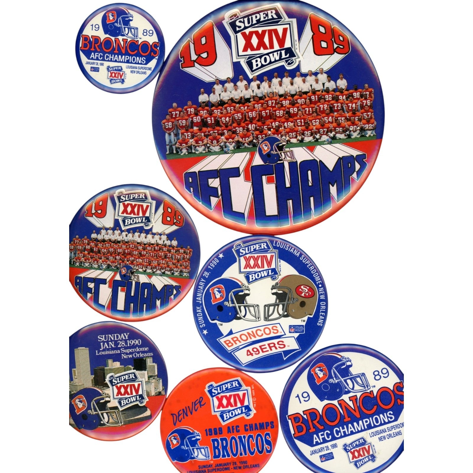 Denver Broncos Super Bowl XXIV 1989 Vintage 7 Button Lot AFC Champs 58000