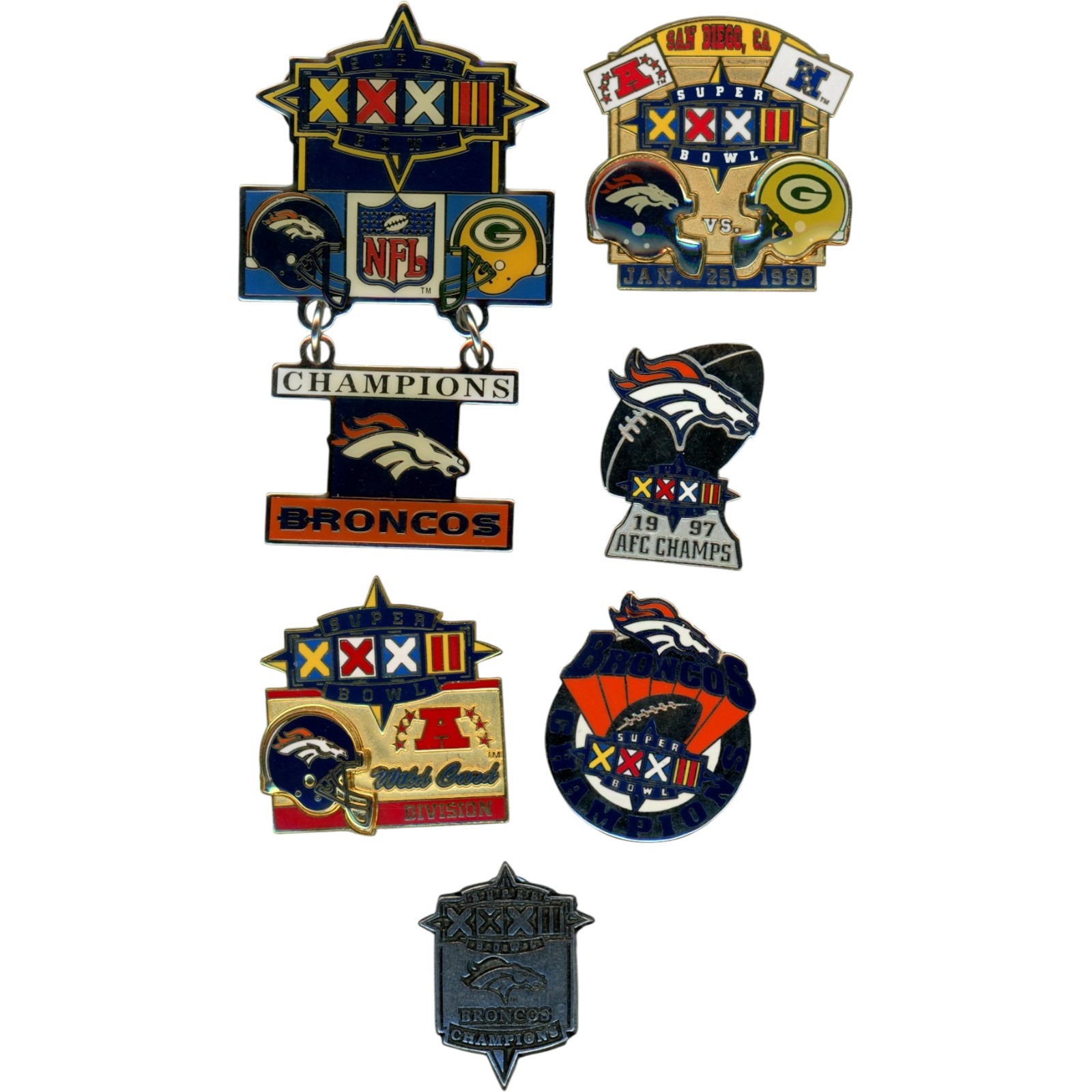 Denver Broncos Super Bowl Commemorative Collectible XXXII 6 Pin Lot 58023