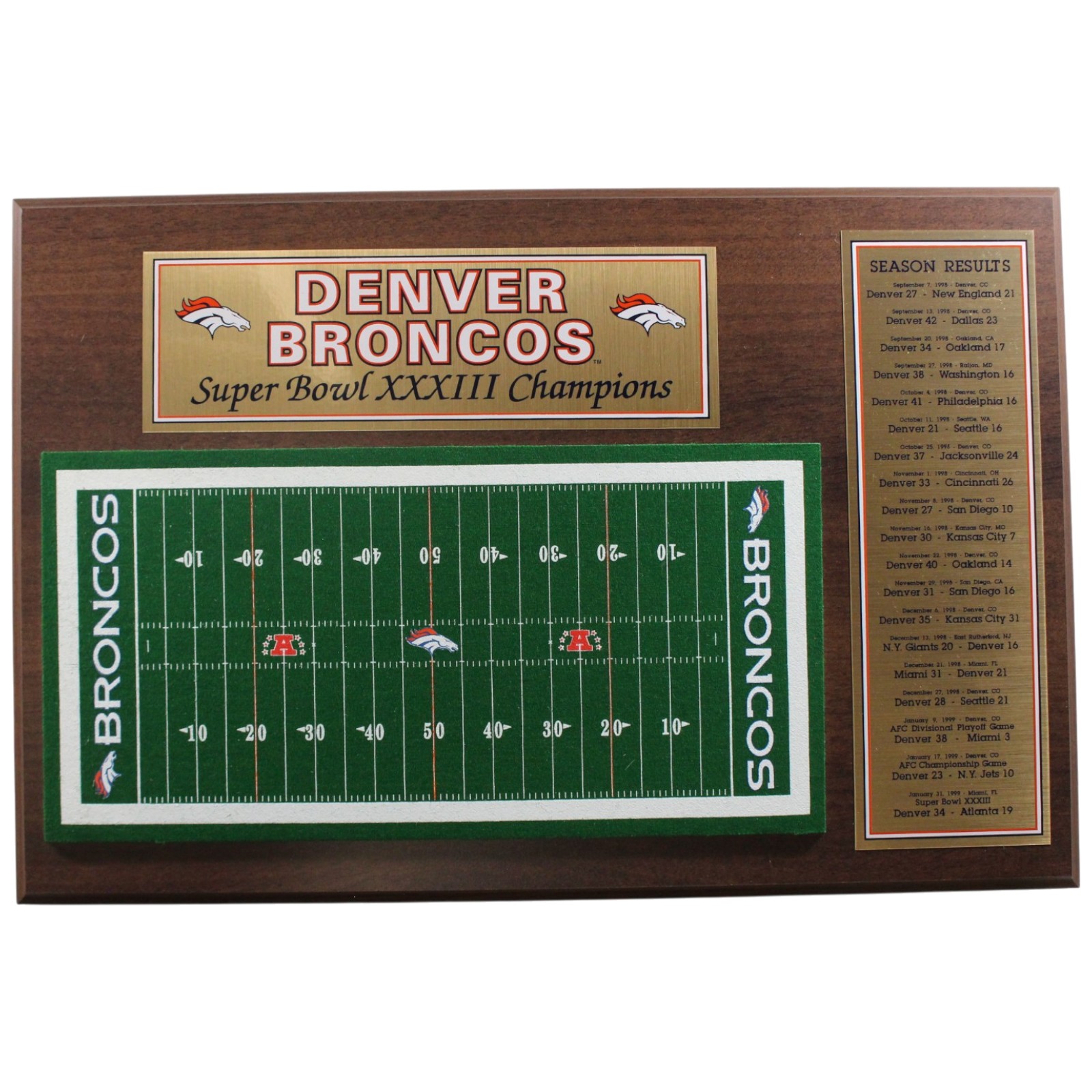 Denver Broncos Super Bowl XXXIII 18" Plaque Rubber Field Design 55665