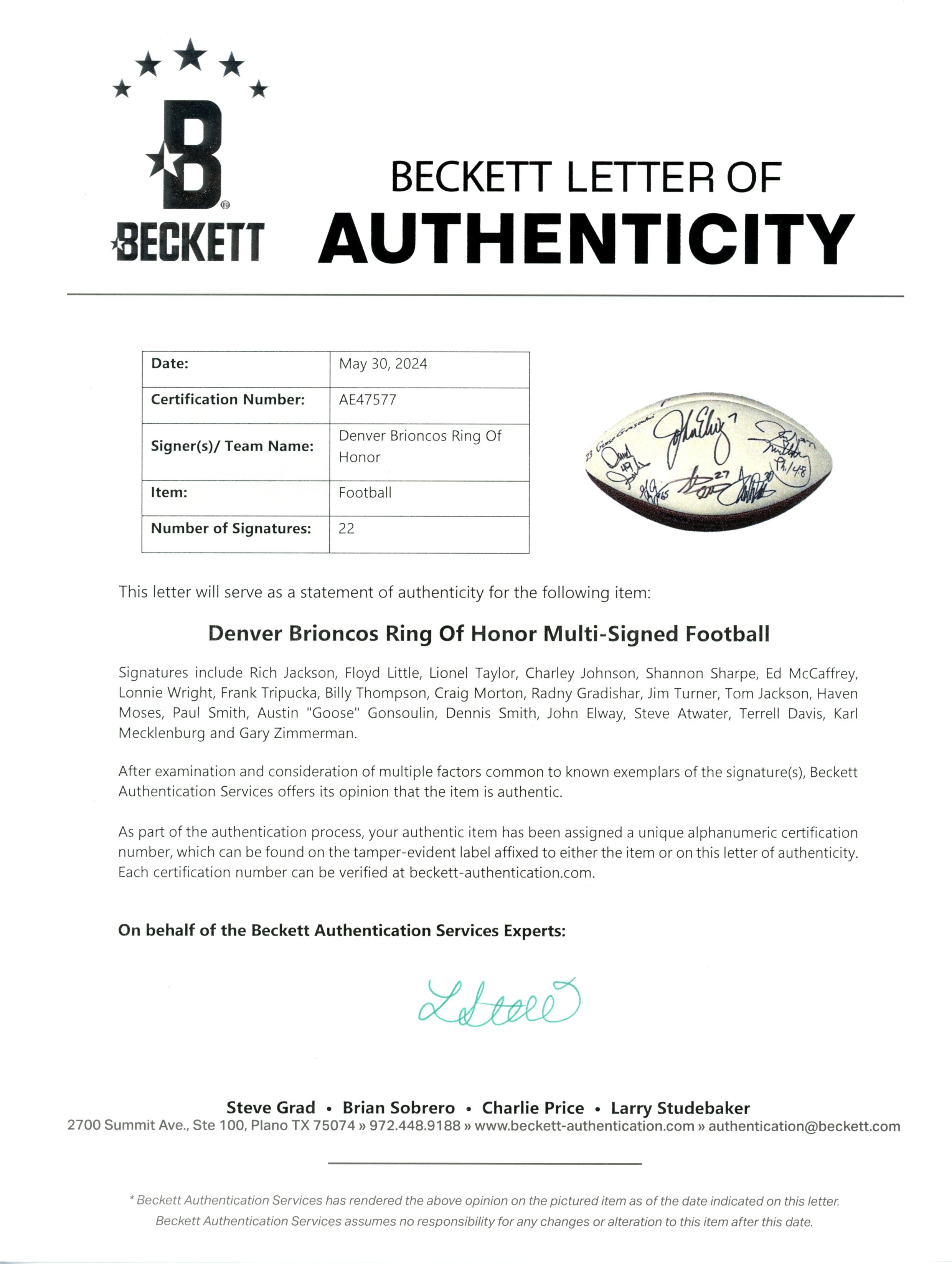 Elway Tripucka Little +19 Signed Denver Broncos Logo Football Beckett 55428 12 Elway Tripucka Little +19 Signed Denver Broncos Logo Football Beckett 55428