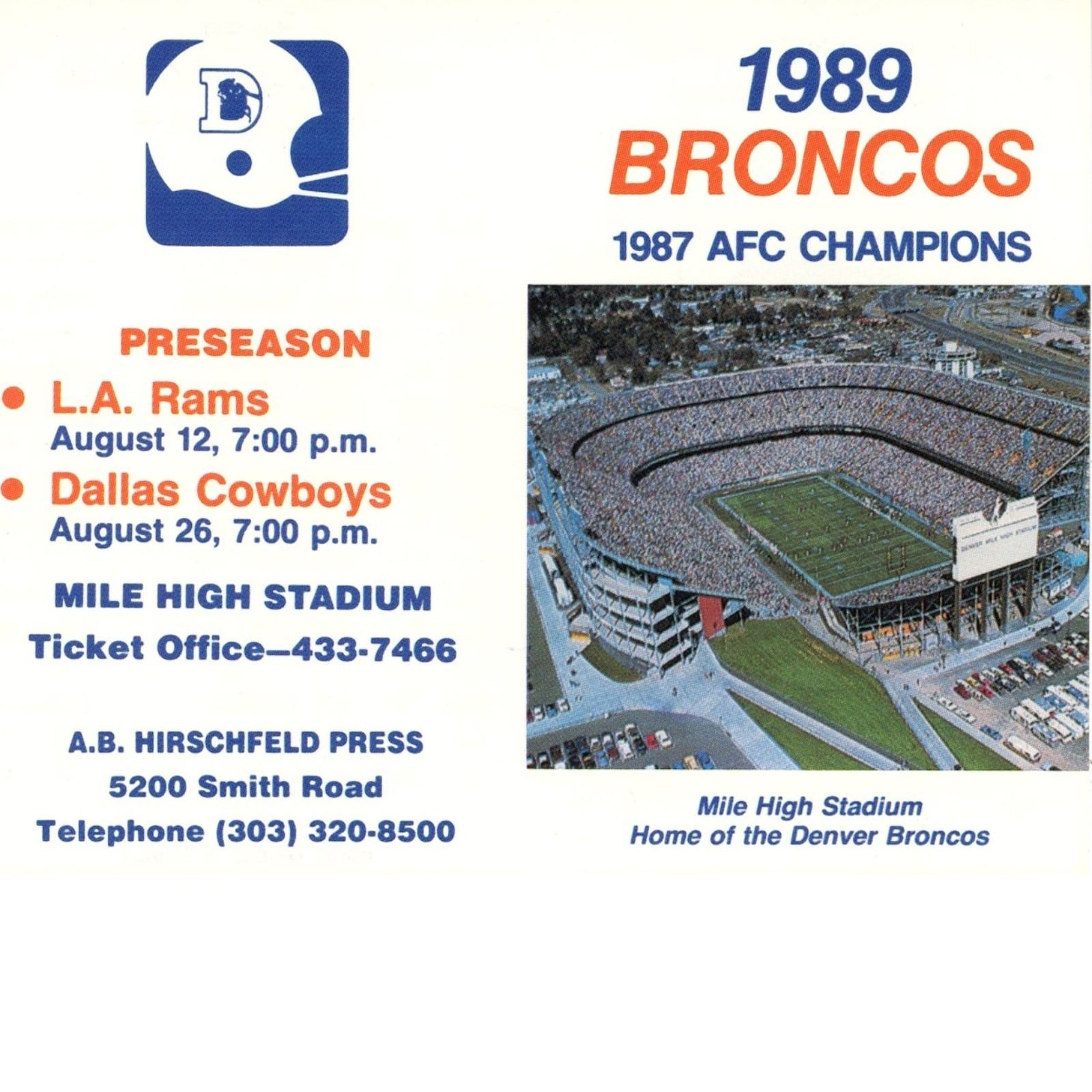 Denver Broncos 1989 Pocket Schedule AB Hirschfeld Press 58031