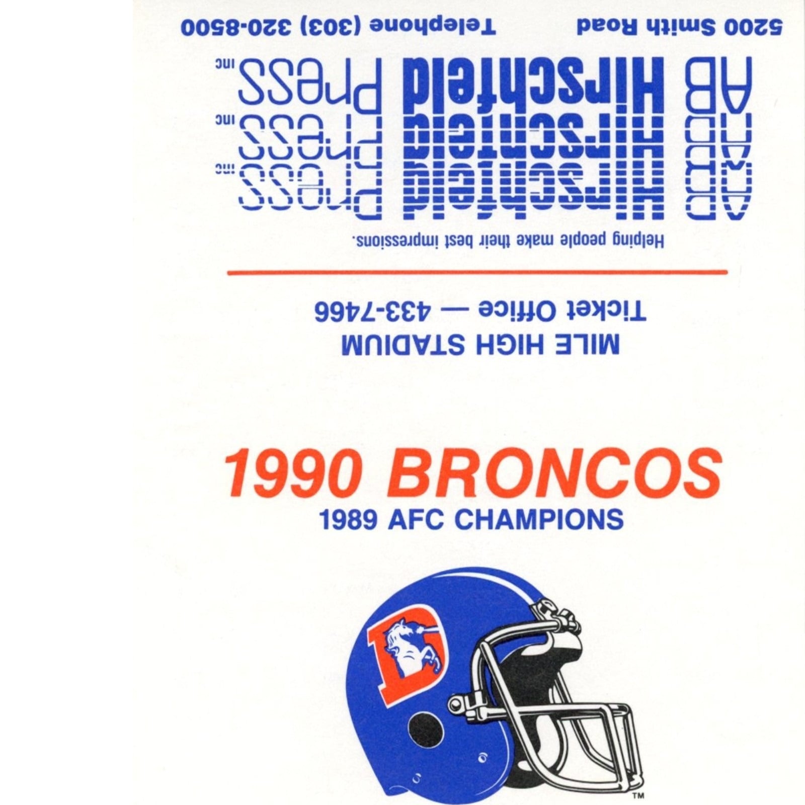 Denver Broncos 1990 Pocket Schedule AB Hirschfeld Press 58030