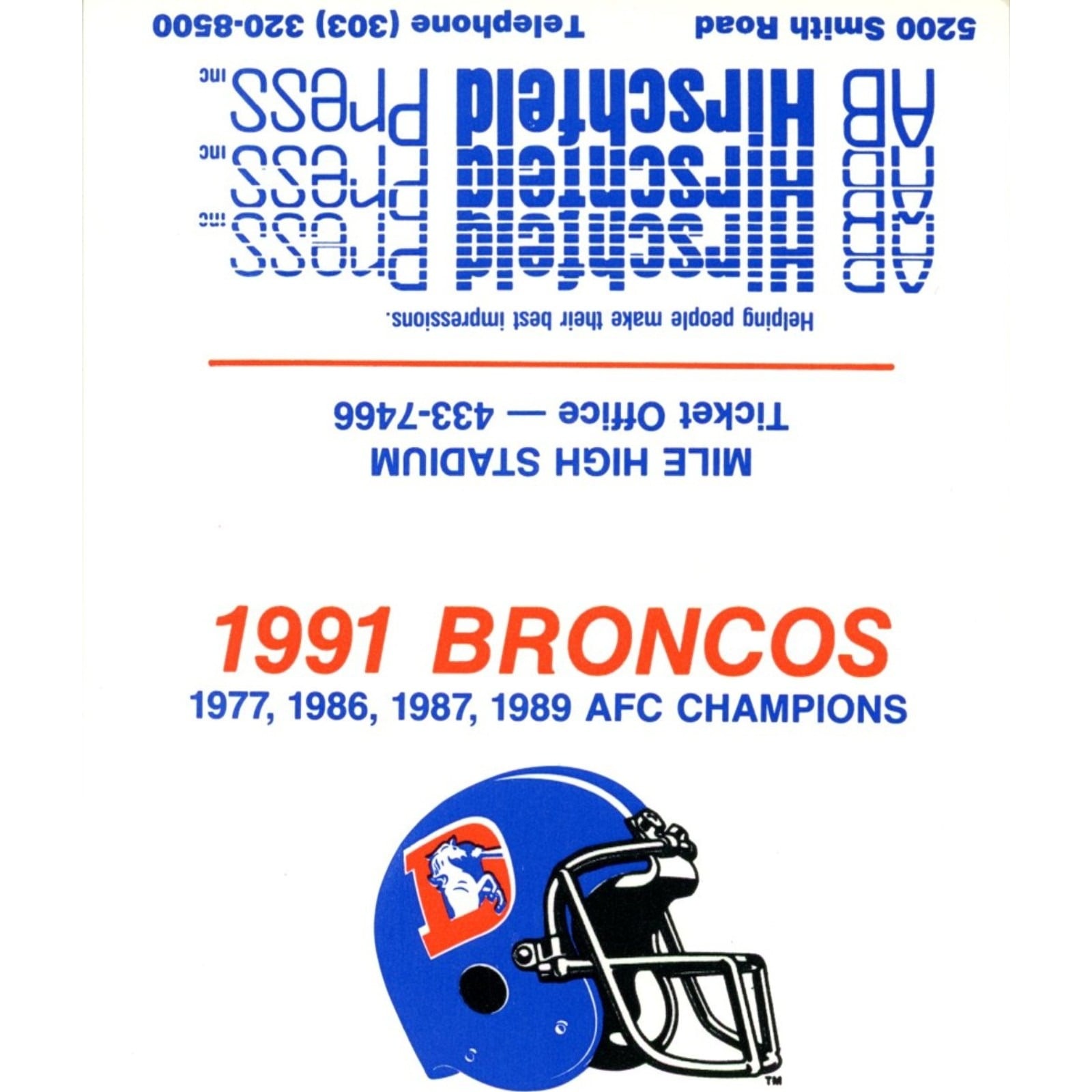 Denver Broncos 1991 Pocket Schedule AB Hirschfeld Press 58029