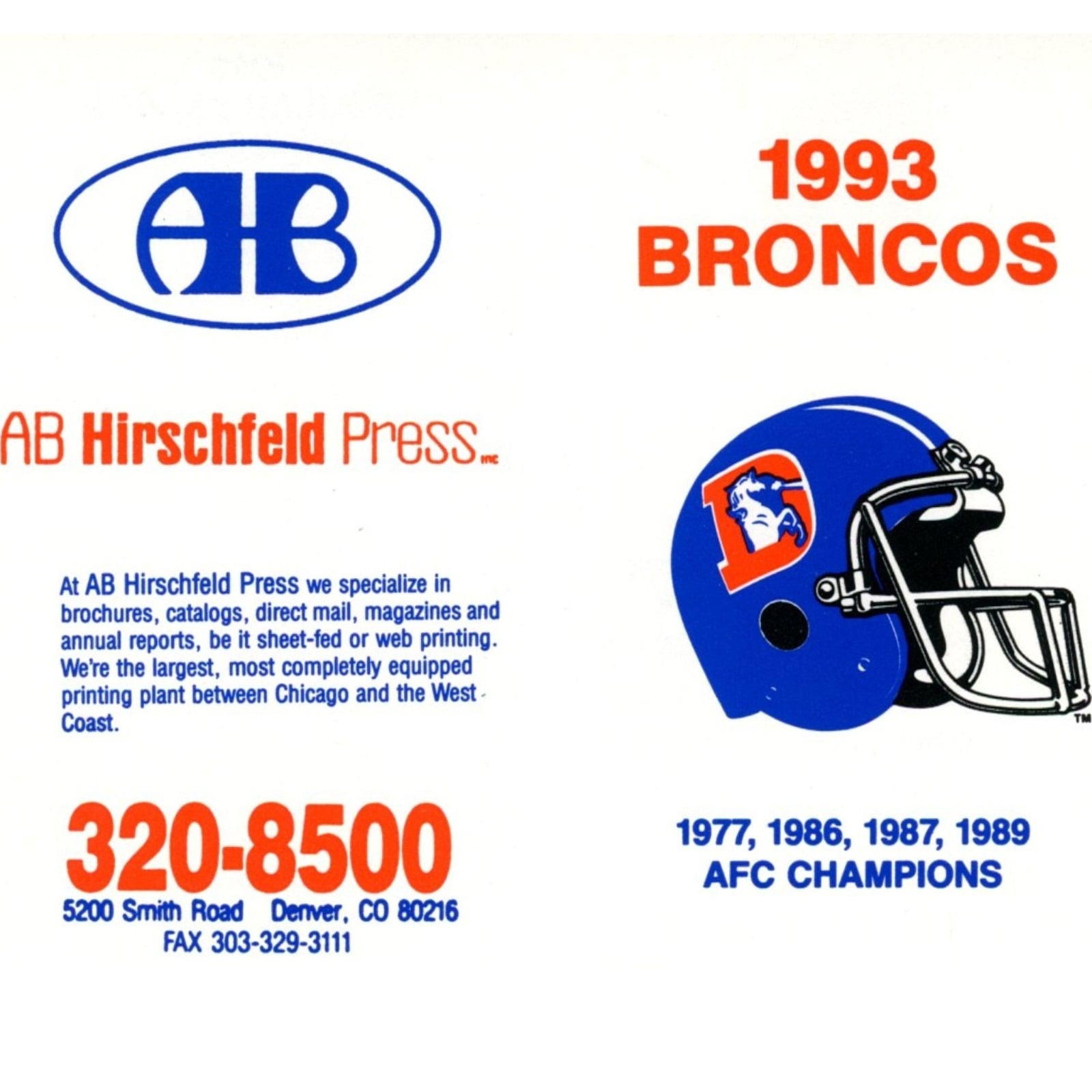 Denver Broncos 1993 Pocket Schedule AB Hirschfeld Press 58027