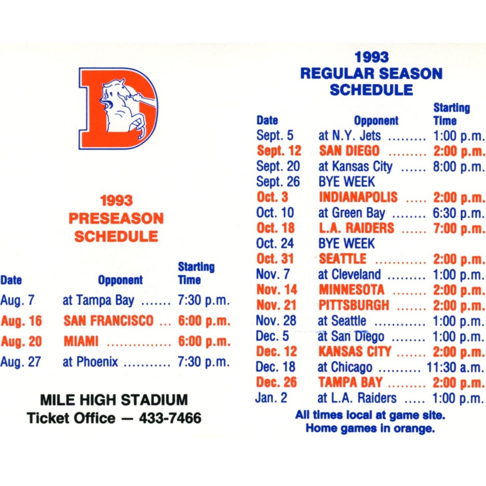Denver Broncos 1993 Pocket Schedule AB Hirschfeld Press 58027 2 Denver Broncos 1993 Pocket Schedule AB Hirschfeld Press 58027